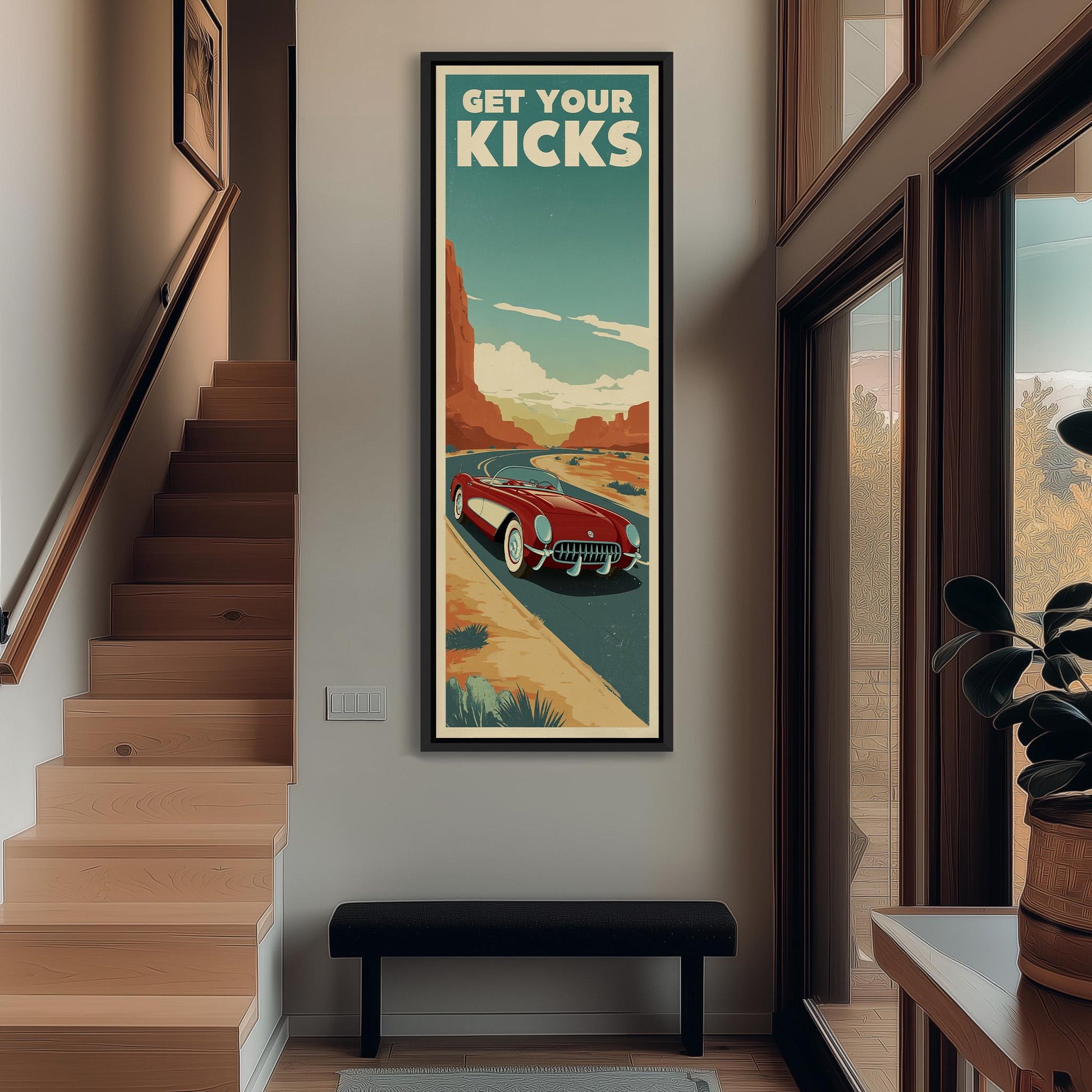 a poster of a red car on a wall, with the text "GET YOUR KICKS" displayed prominently.