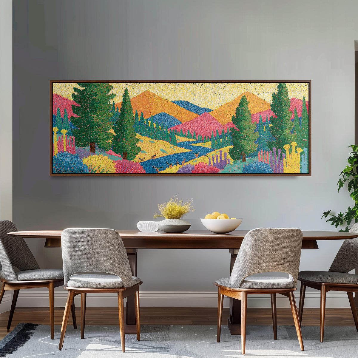 Colorful pine mountain valley long horizontal canvas print above a dining table