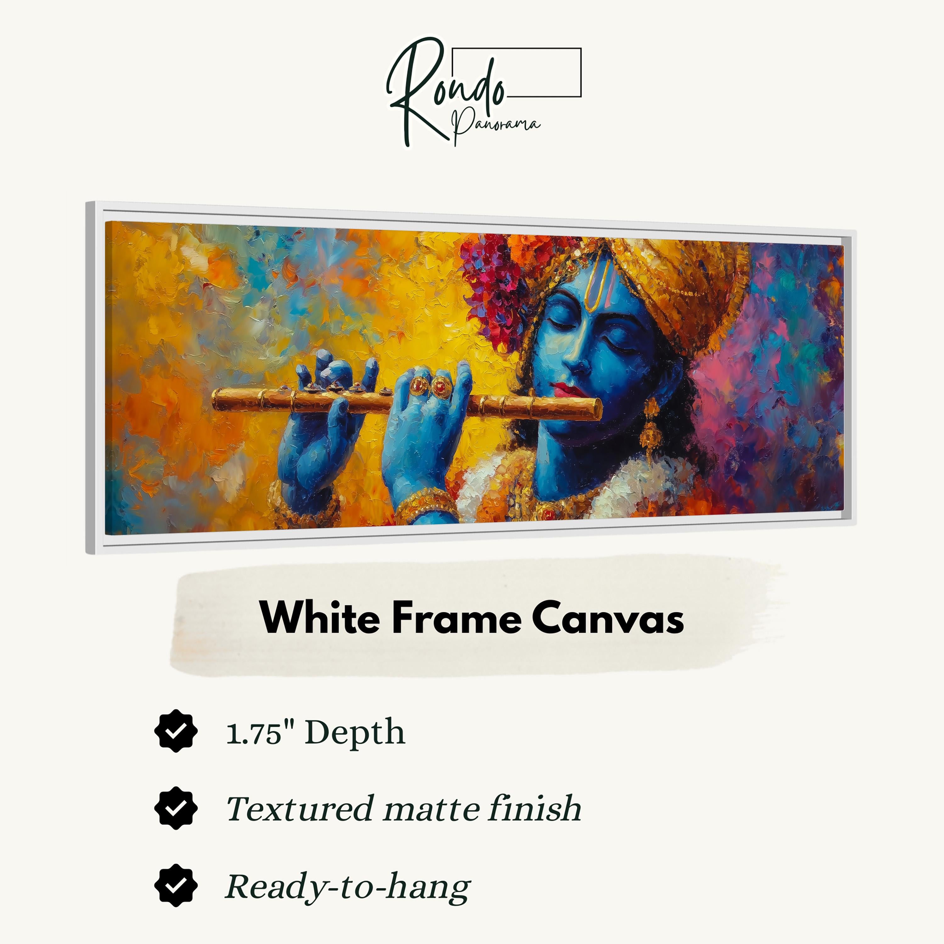 The image is a framed painting depicting a blue-skinned man playing a flute.