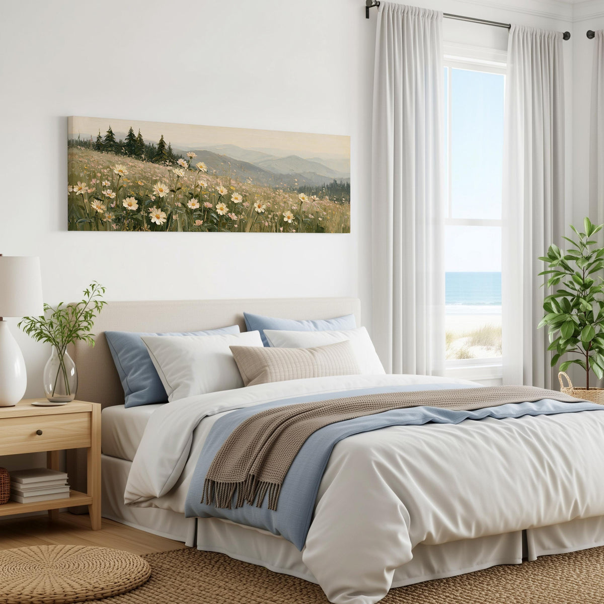 Daisy hillside below blue mountains panoramic canvas print above a bed in a coastal bedroom