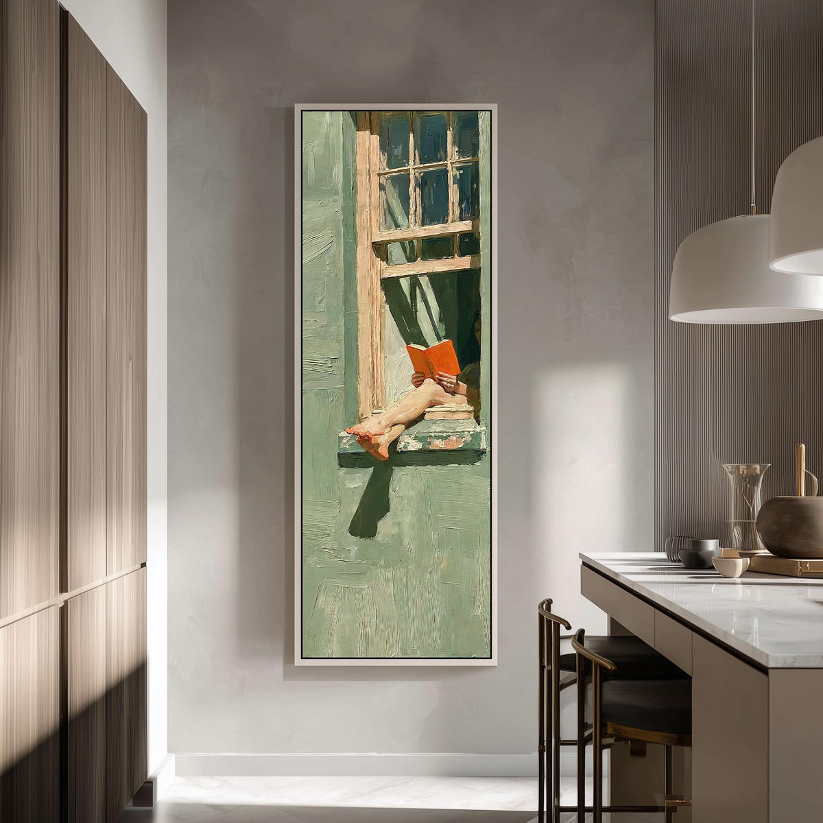 Woman reading in a sage green window tall skinny canvas print in a modern kitchen