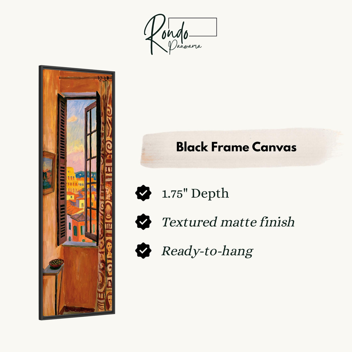 Rome's Colosseum through a tall orange room window canvas print in a black floating frame