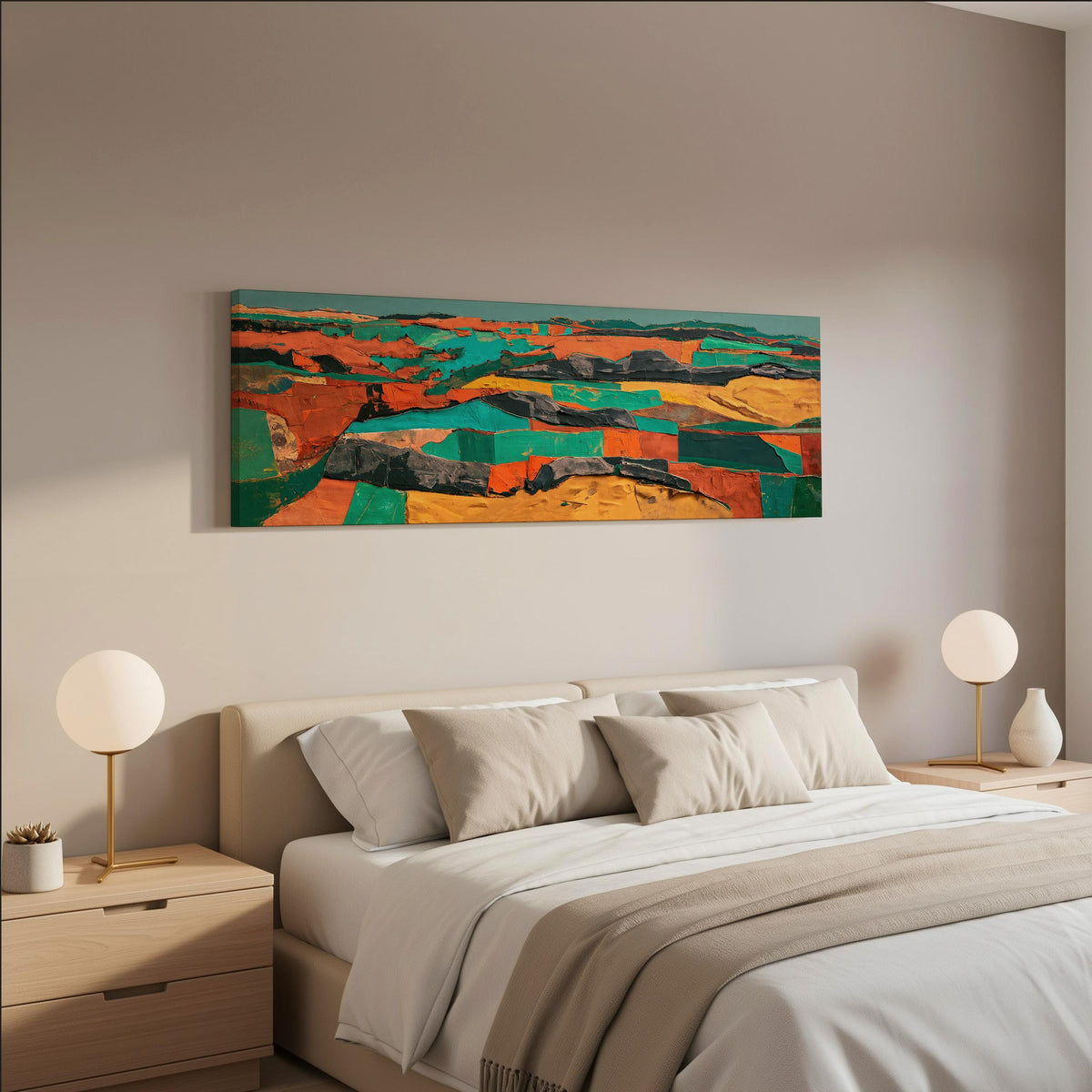 Abstract patchwork terrain in orange and teal wide panoramic canvas print above a bed in a neutral bedroom