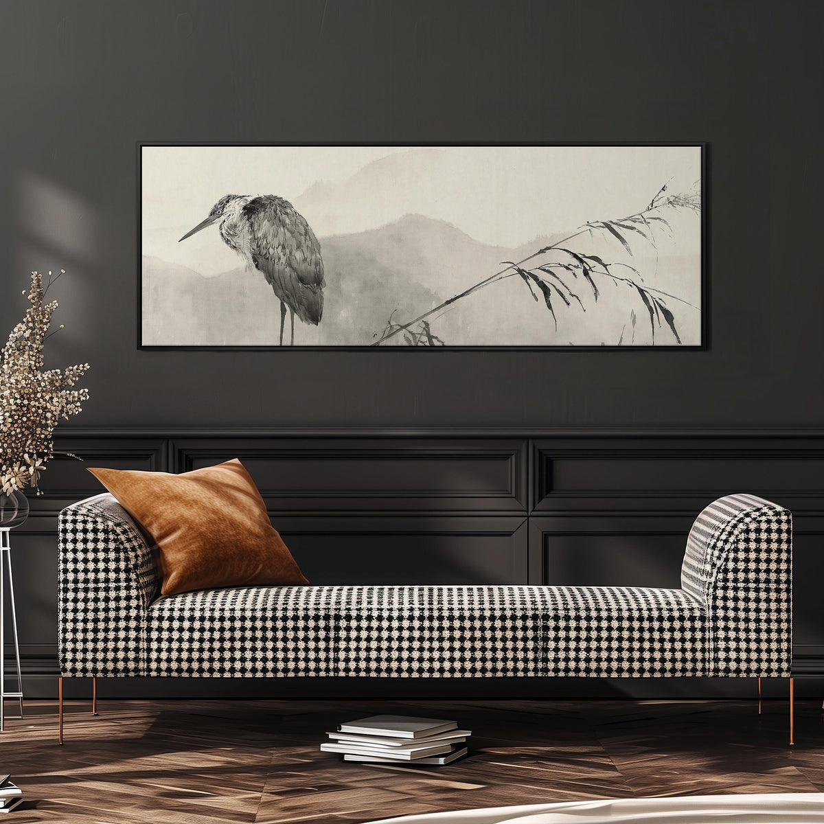Heron in front of misty ink mountains wide panoramic canvas print above a bench in a dark living room