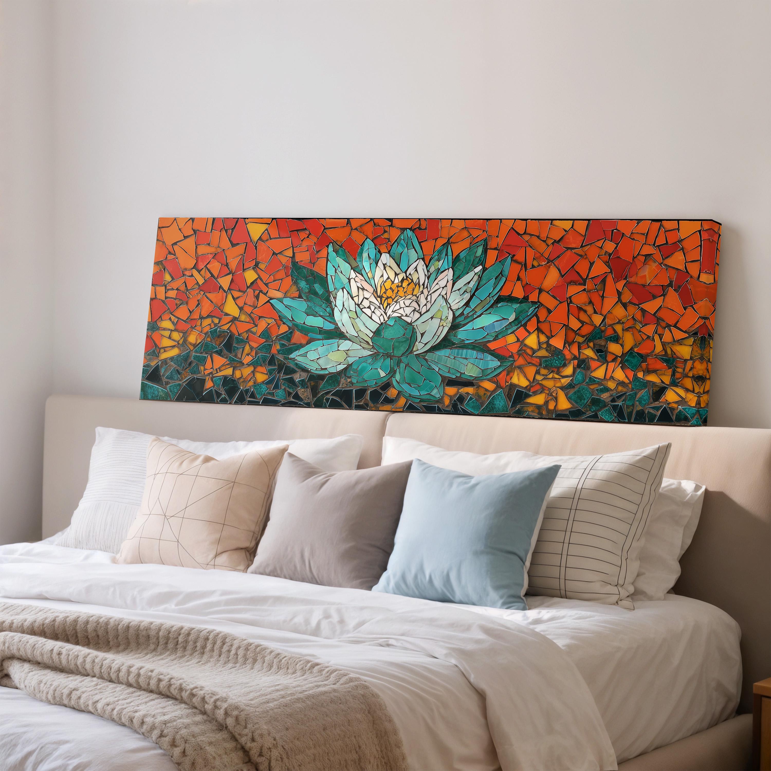 a large bed with a colorful mosaic artwork of a lotus flower above it. The bed is adorned with various pillows and blankets, creating a cozy and inviting atmosphere.