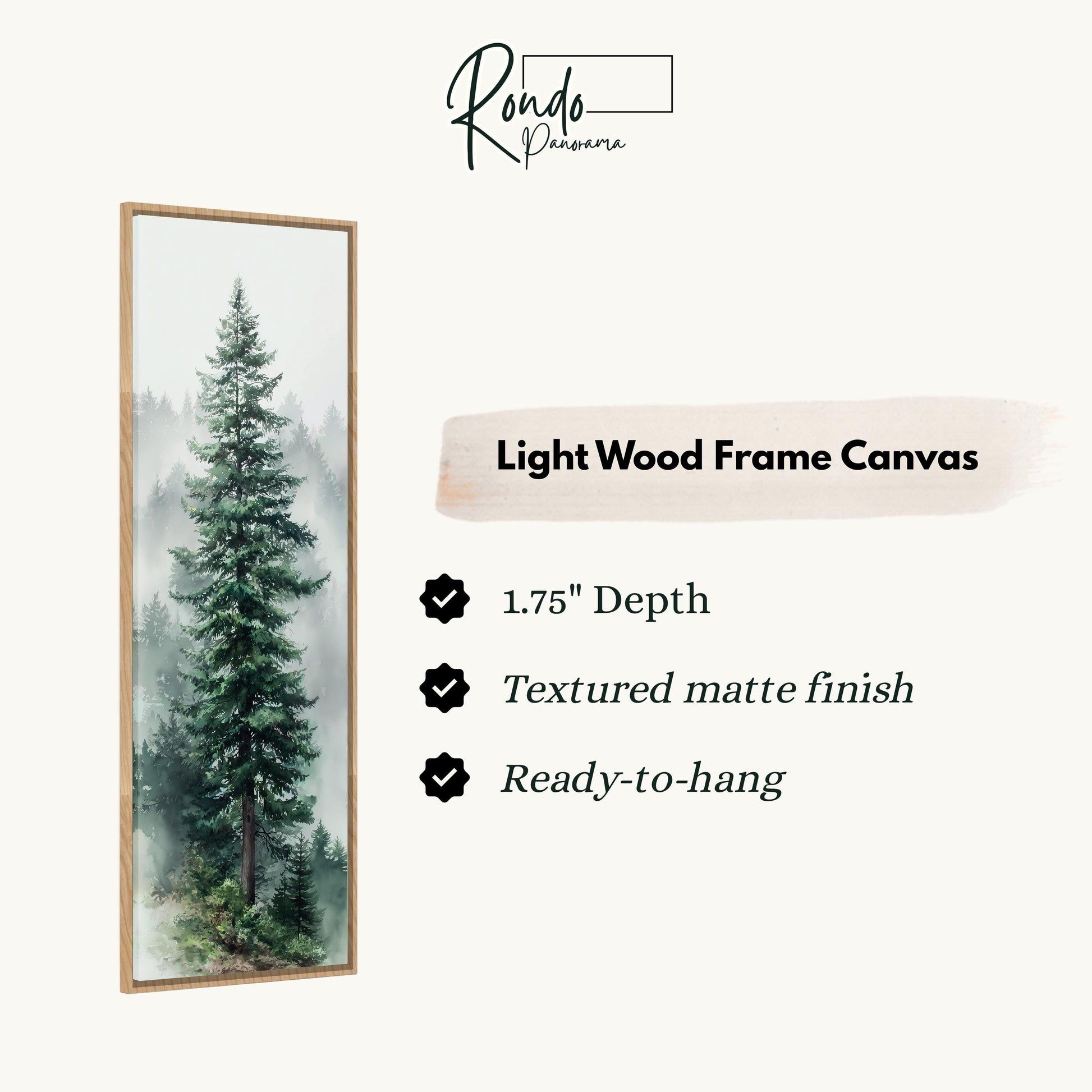 a tall, green pine tree in a light wood frame, with a text box providing information about the frame.