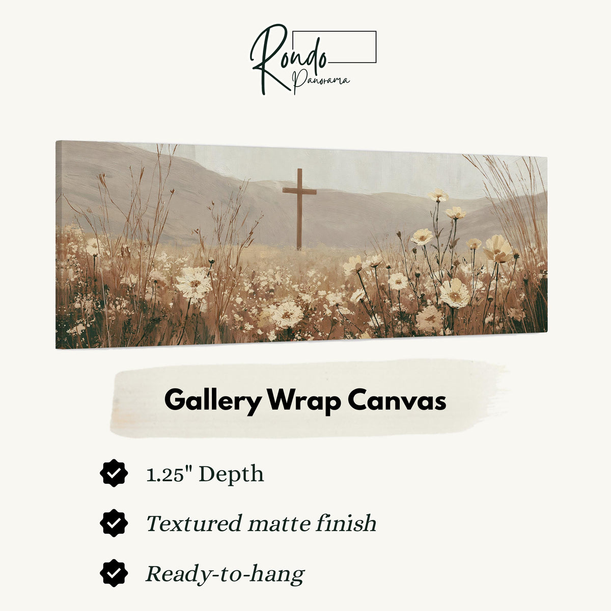 Wooden cross in a cream wildflower field gallery wrap canvas with the image wrapped around the edges