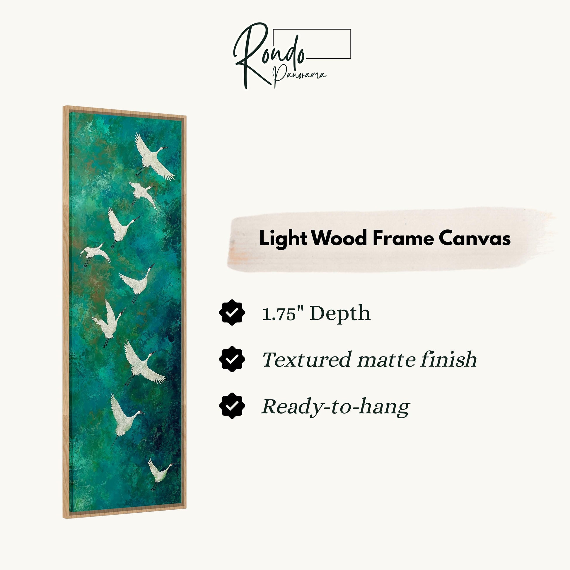 The image is a light wood frame canvas featuring a painting of white birds in flight against a green background.