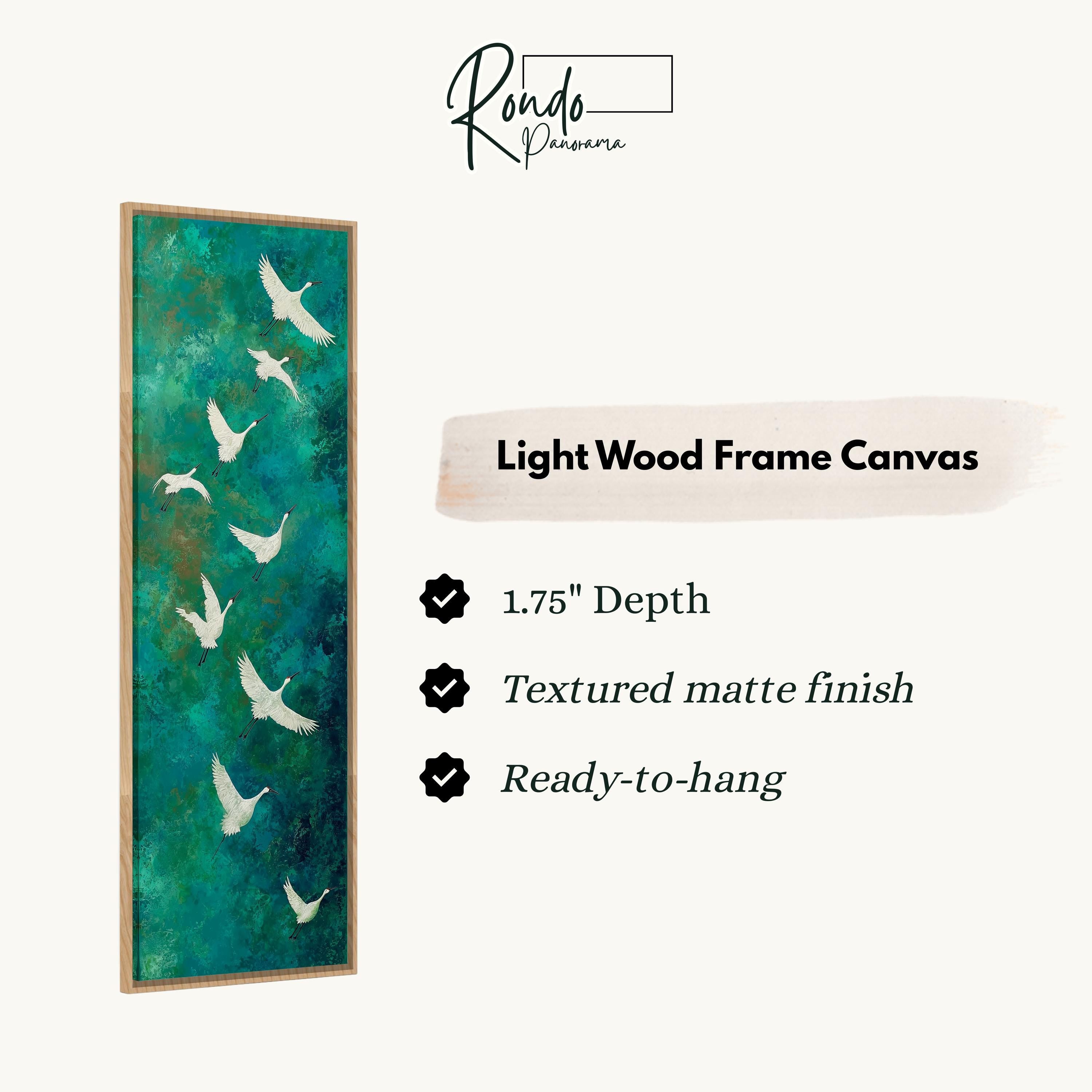 The image is a light wood frame canvas featuring a painting of white birds in flight against a green background.