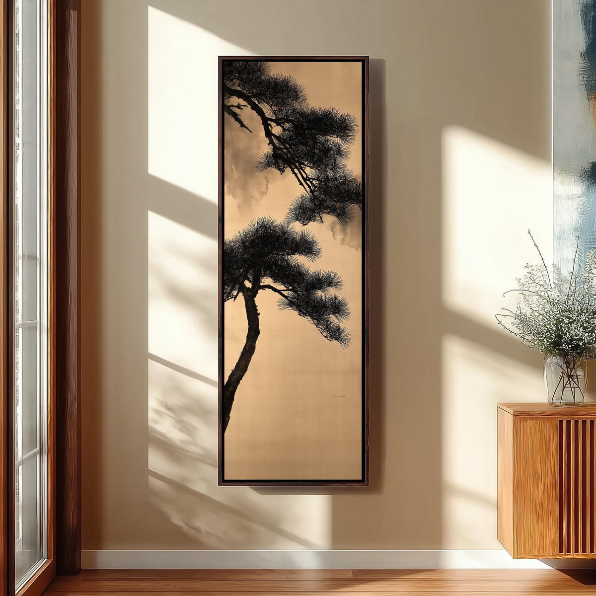 Pine branch silhouette on gold tall skinny canvas print in a sunlit living space
