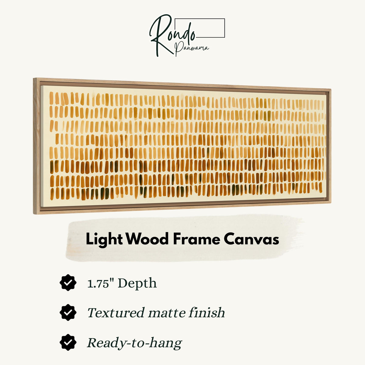Brushmarks fading from cream to amber canvas print in a light wood floating frame