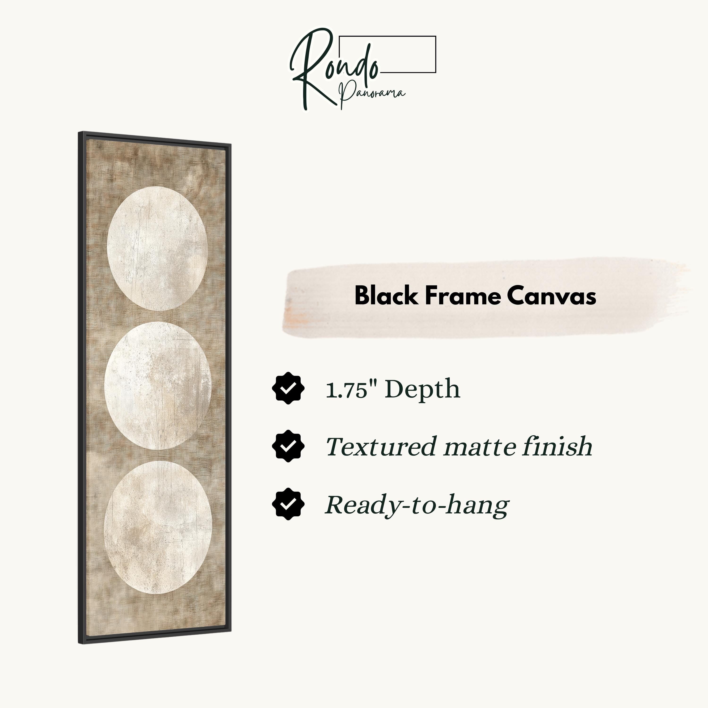 The image is a product description for a black frame canvas. It features a black frame with three circles on it, and provides details about the product, including its dimensions, finish, and hanging capabilities.