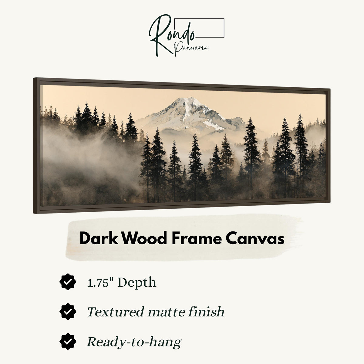 Foggy pine forest below a snowy mountain canvas print in a dark wood floating frame