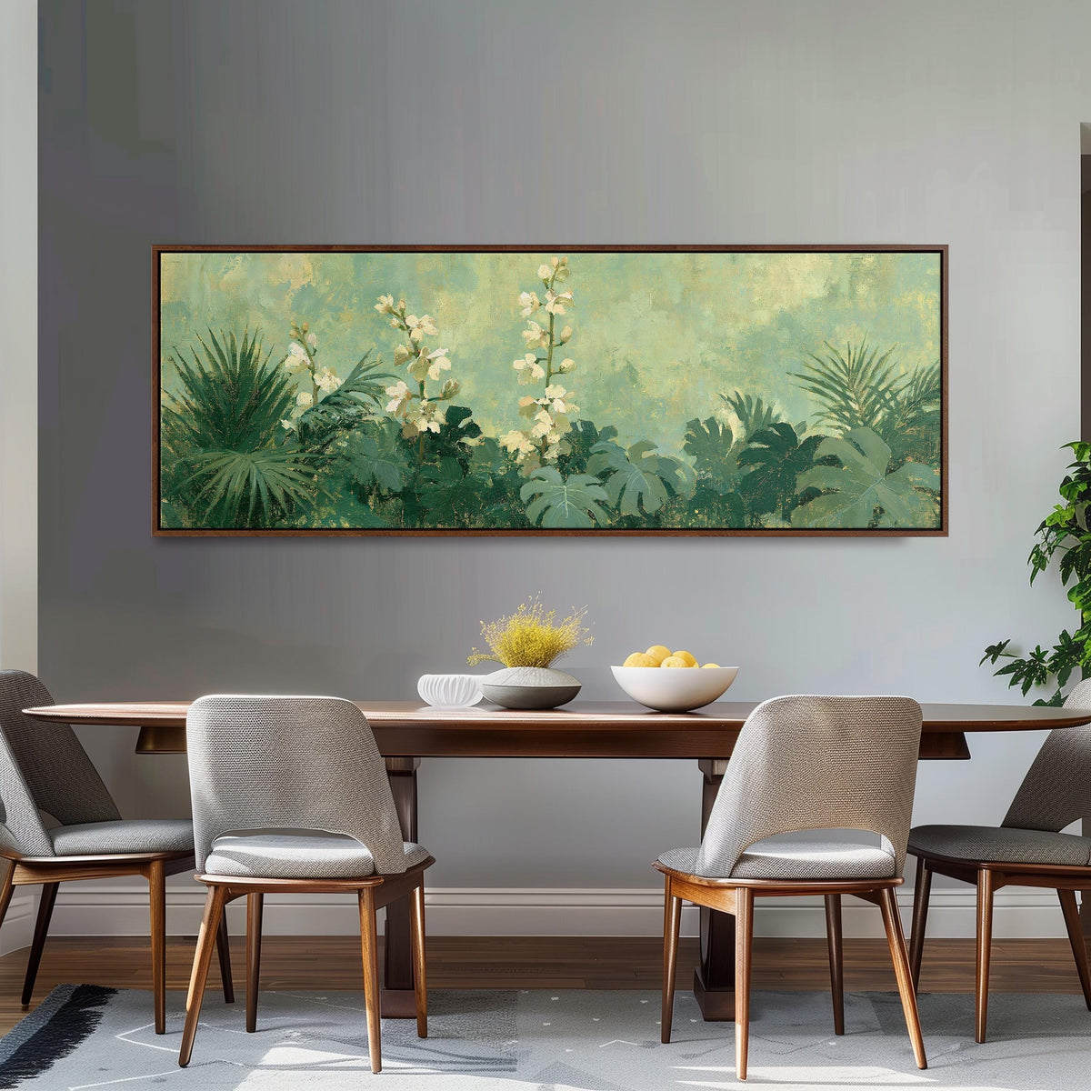 Tropical white blooms in green foliage long horizontal canvas print above a dining table
