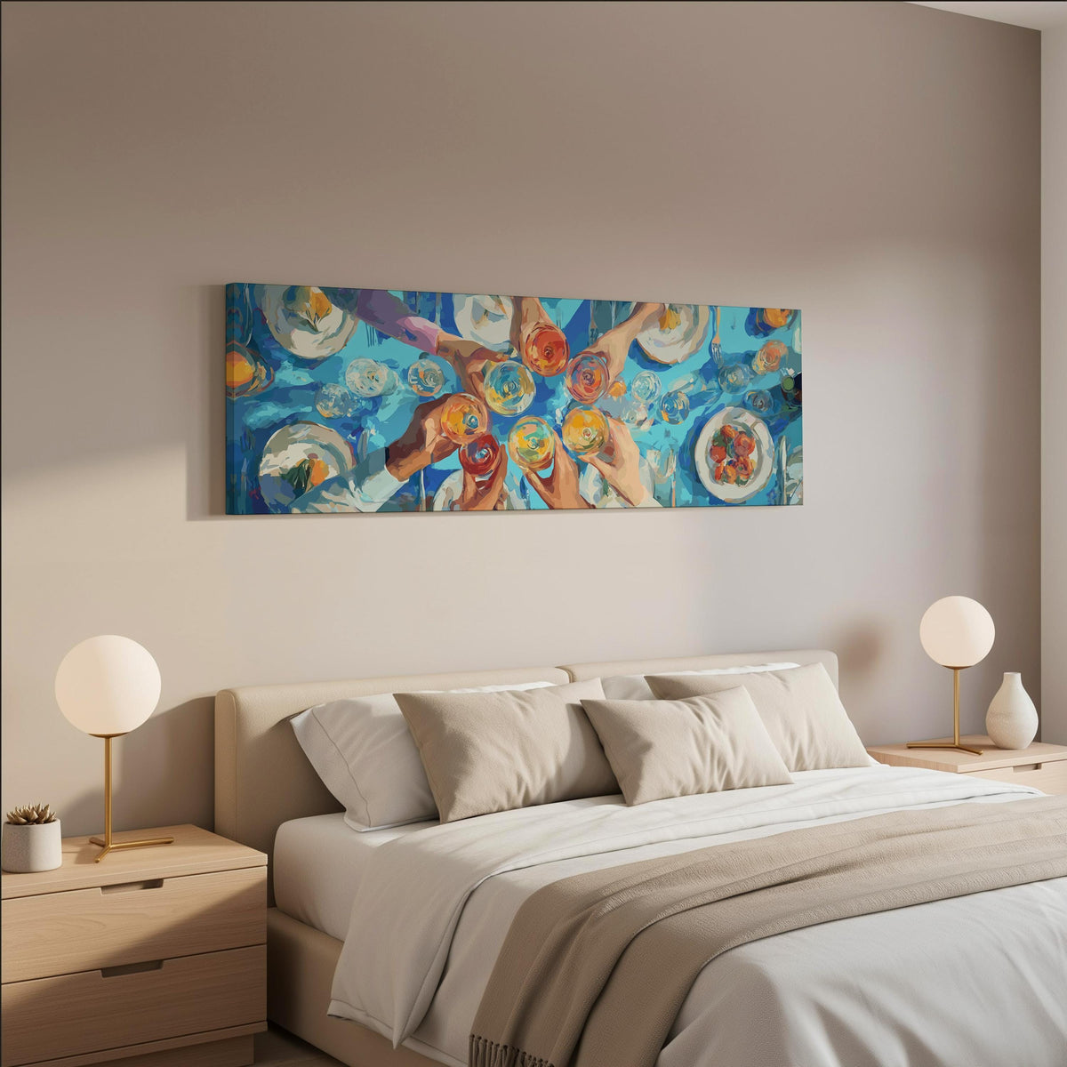 Friends toasting over a blue table from above wide panoramic canvas print above a bed in a neutral bedroom