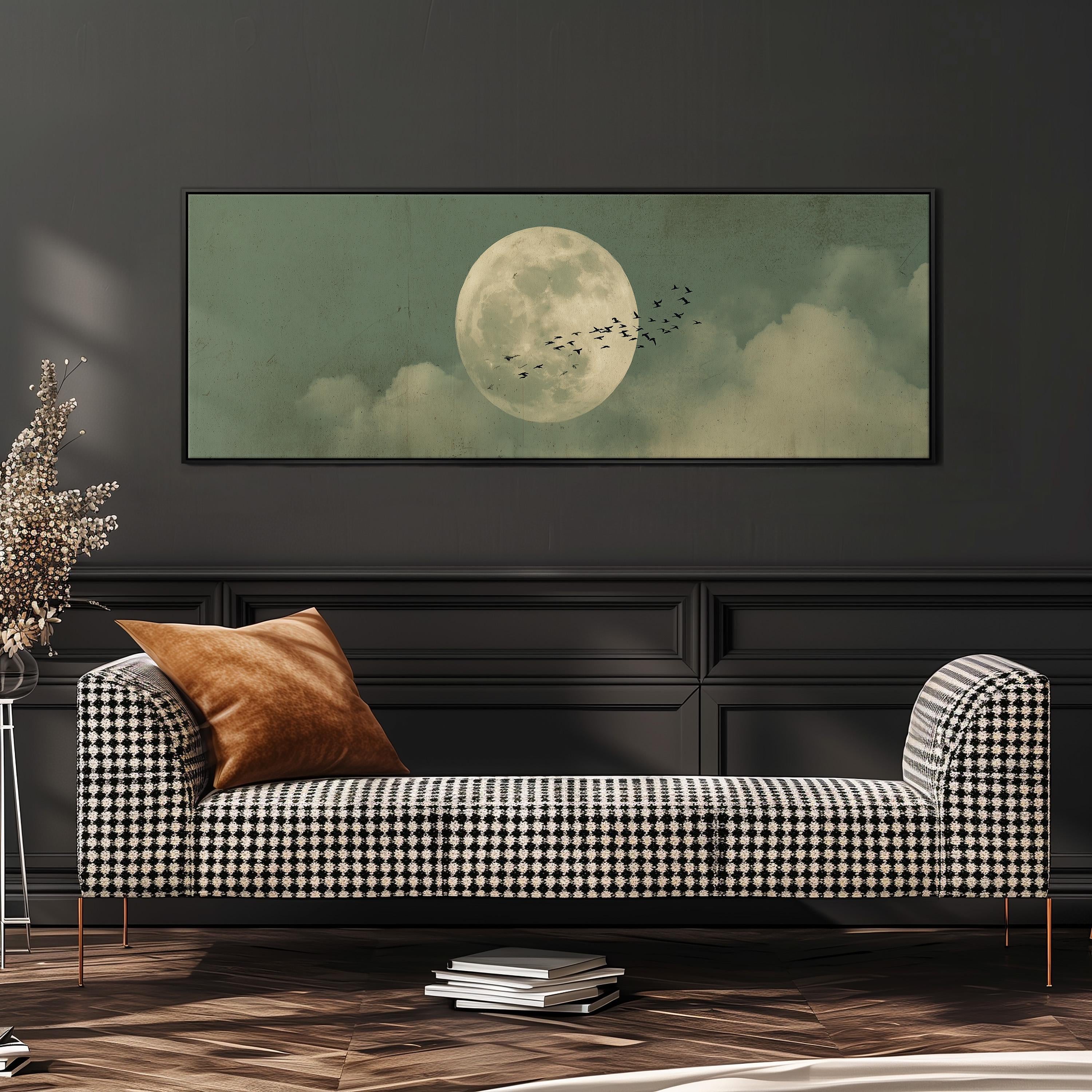 Flock of Birds and Moon - Wide Panoramic Canvas