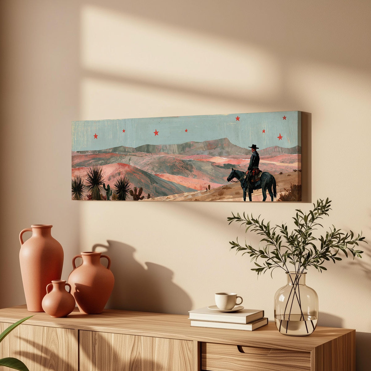 Desert cowboy under red stars long horizontal canvas print above a wooden sideboard