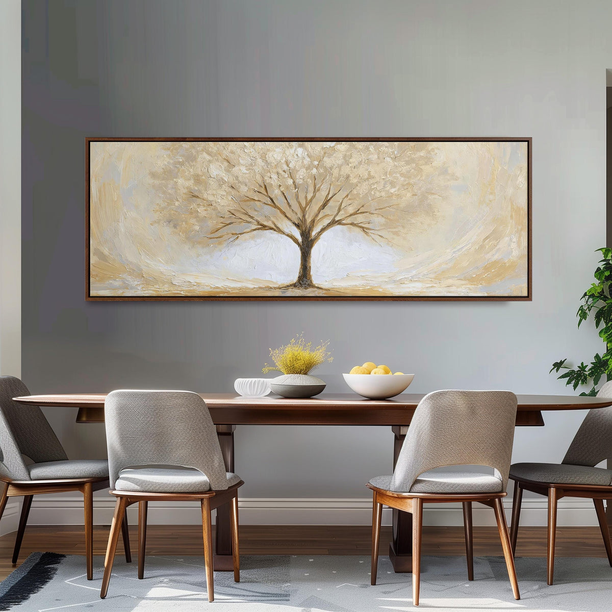 Golden winter tree long horizontal canvas print above a dining table