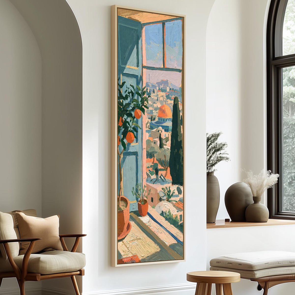 Window view over an old city with an orange tree long vertical canvas print in a sunlit living space