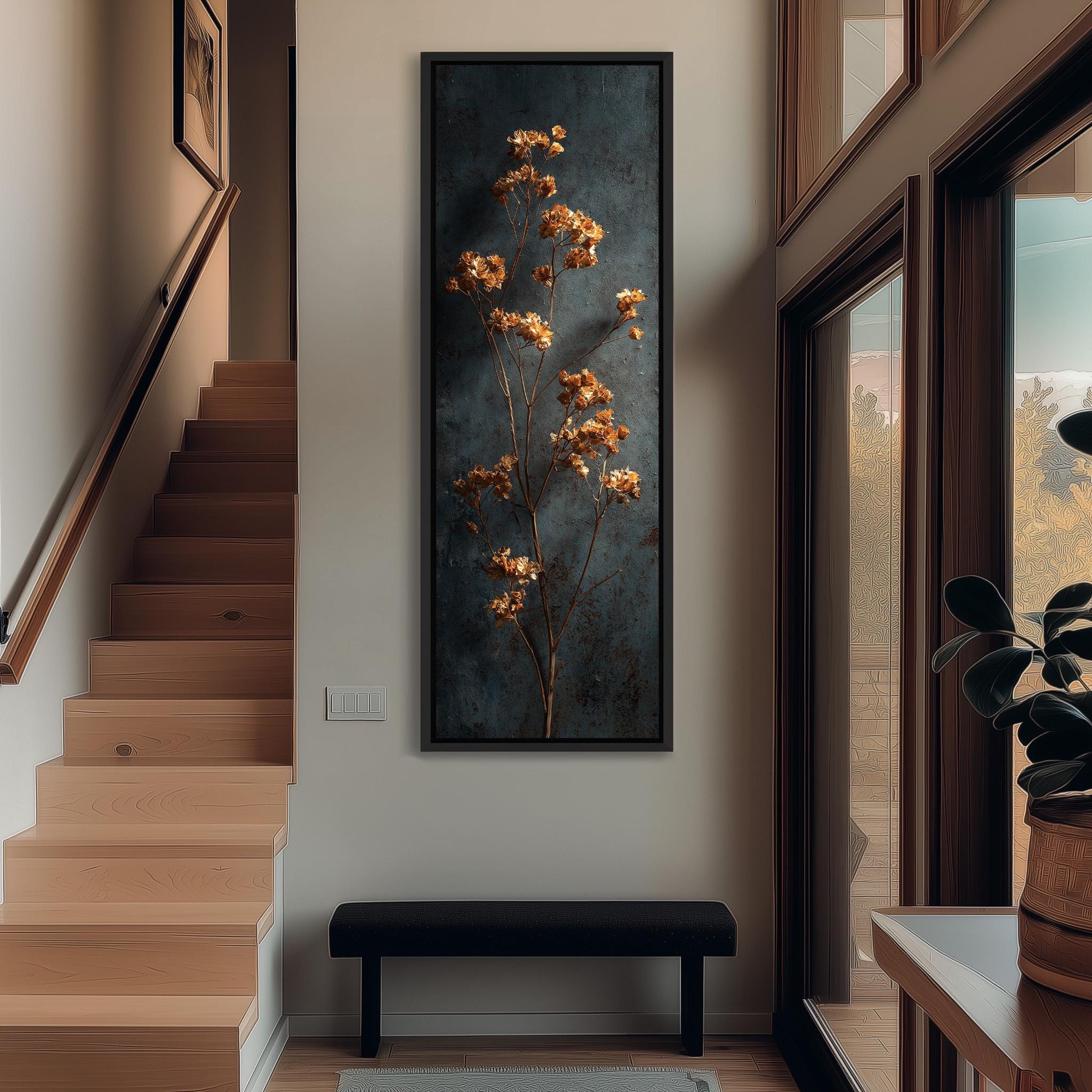 a modern interior design with a large painting of a plant hanging on the wall, a wooden staircase, a black bench, and a window overlooking a scenic outdoor view.