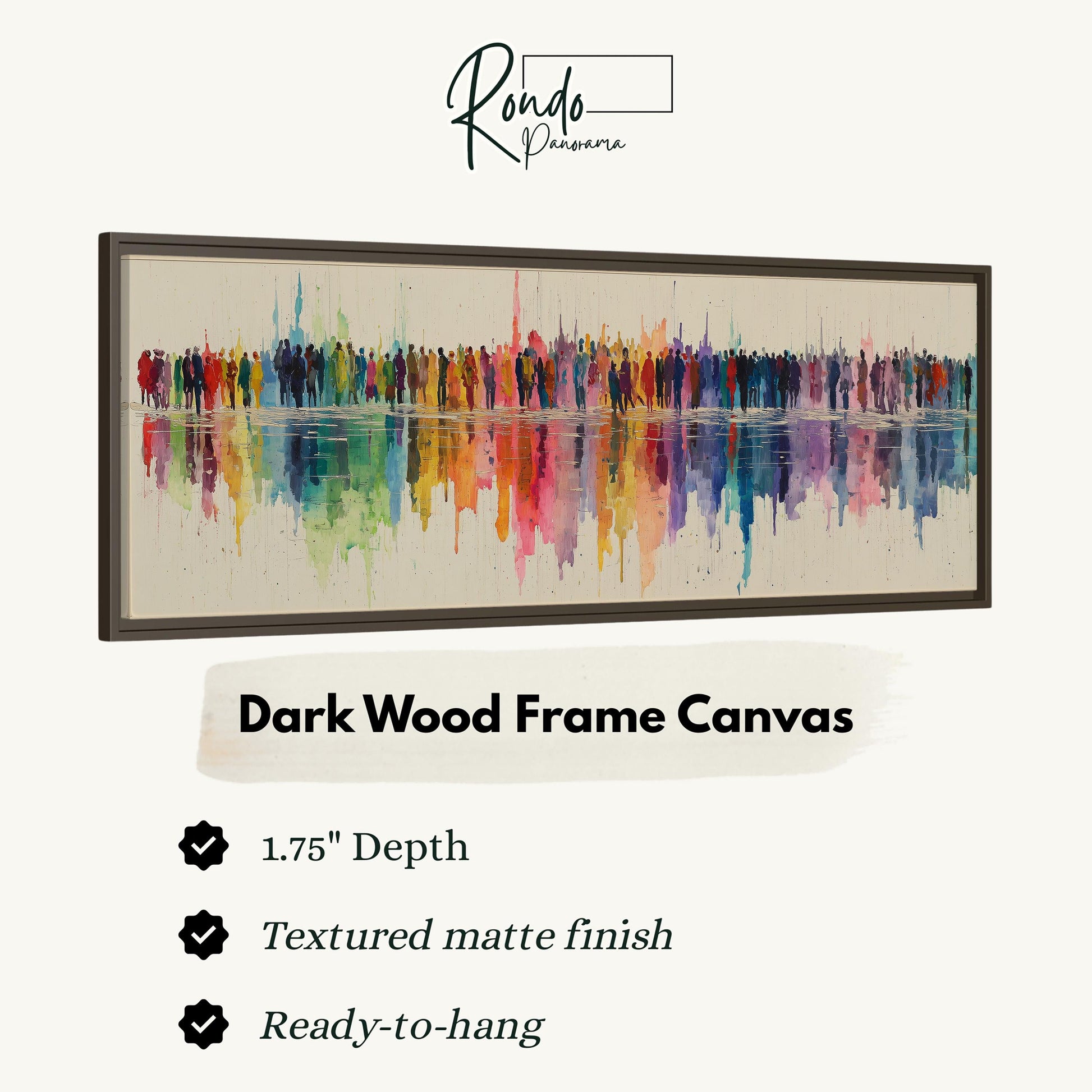 The image is a framed artwork depicting a colorful abstract painting with a water-like effect, hanging on a wall.