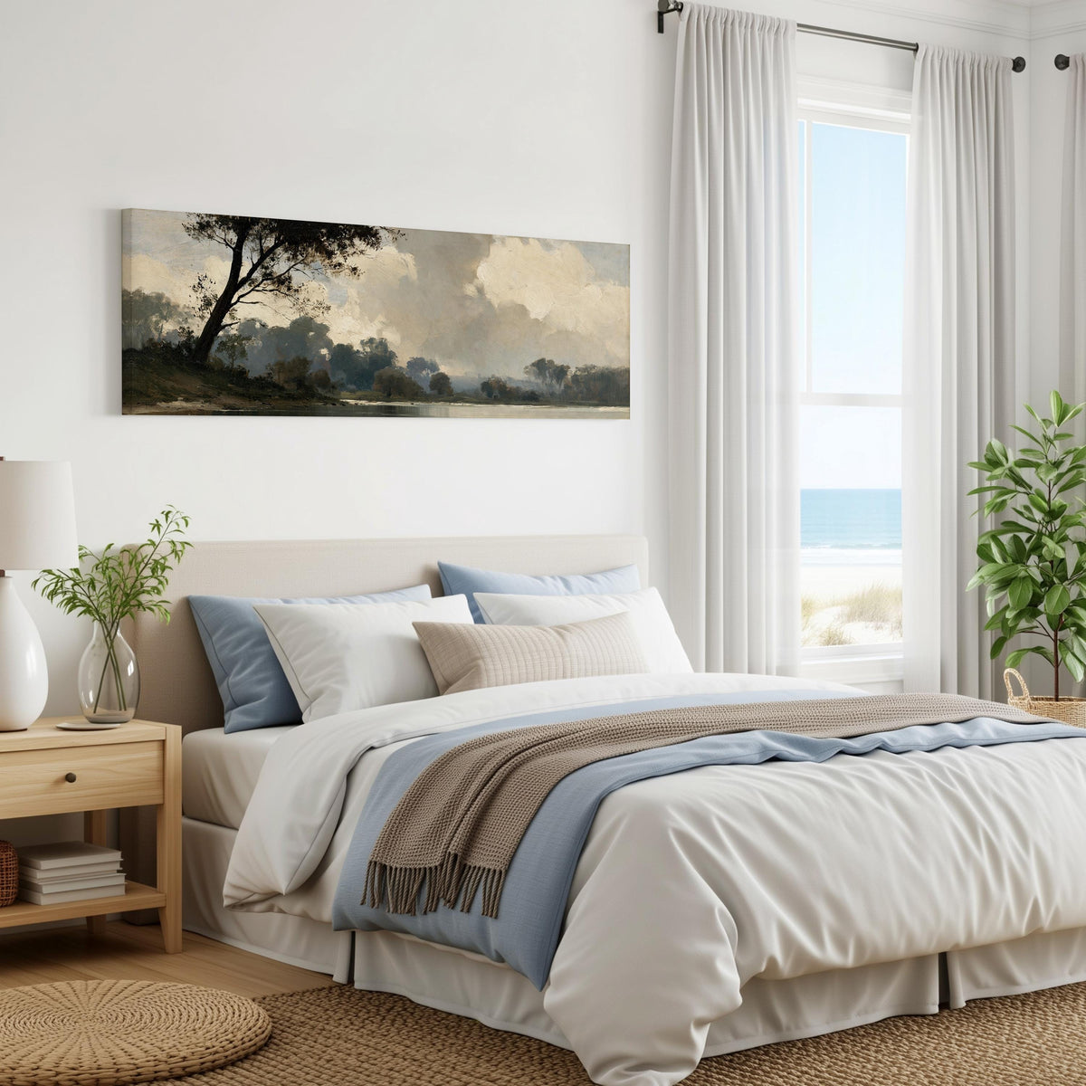 Misty river landscape in grey blue tones panoramic canvas print above a bed in a coastal bedroom