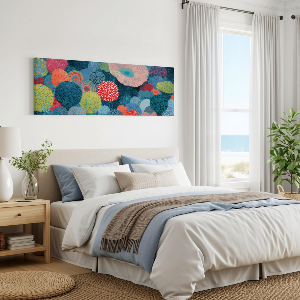 Coral spirals and dotted circles panoramic canvas print above a bed in a coastal bedroom