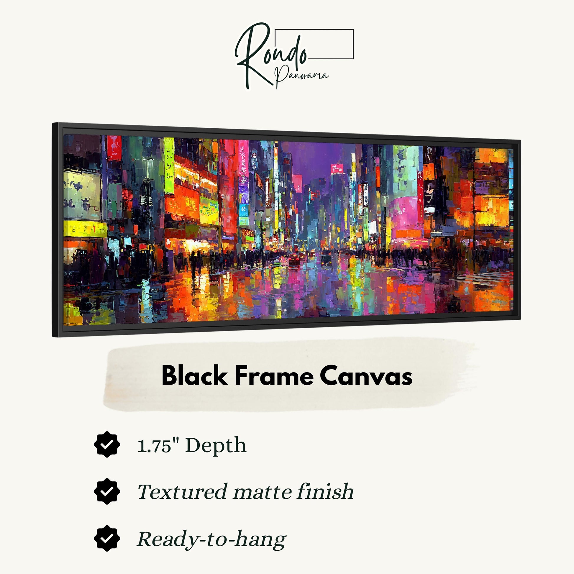 The image is a black frame canvas depicting a vibrant cityscape with colorful buildings and lights.