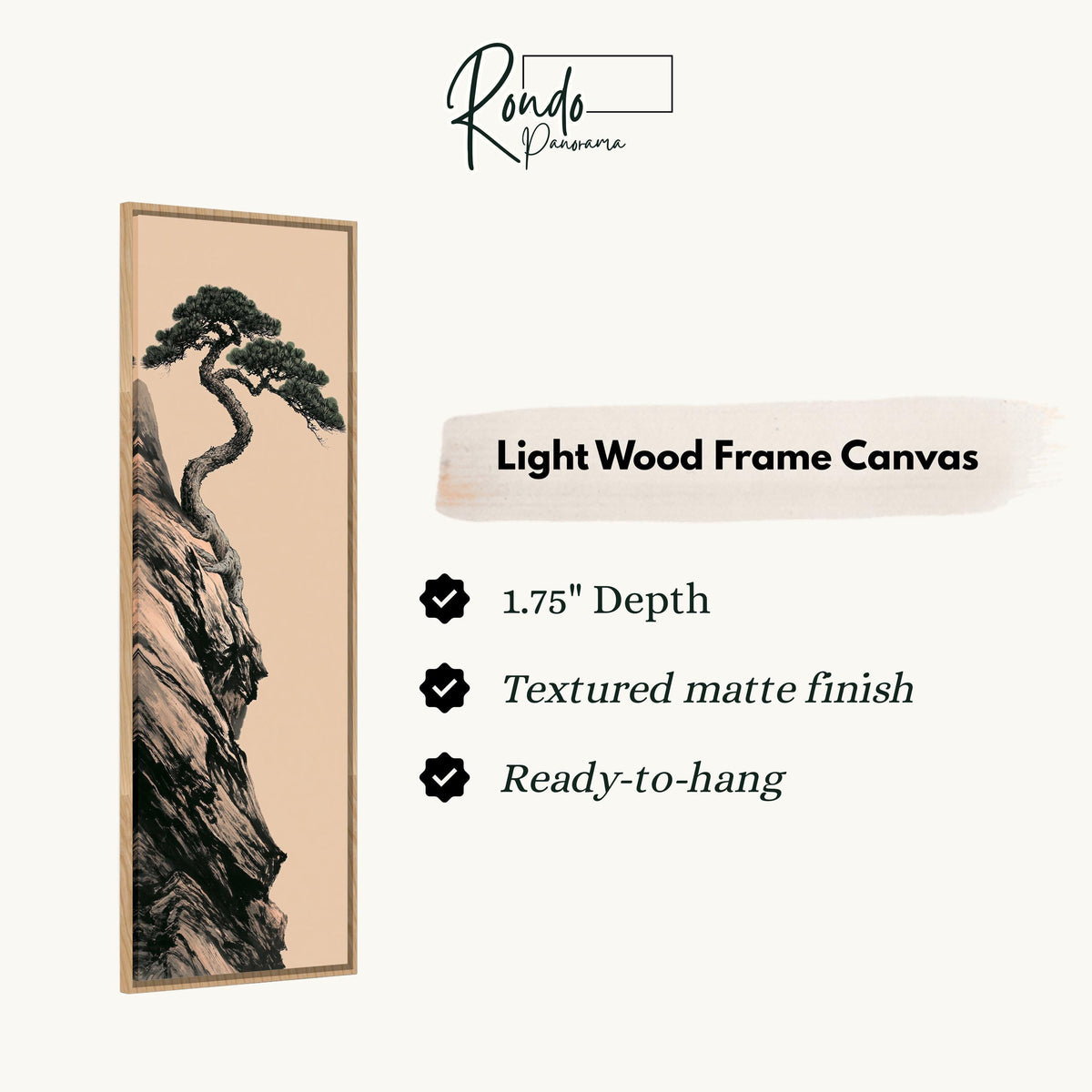 Pine tree growing from a cliff on blush canvas print in a light wood floating frame
