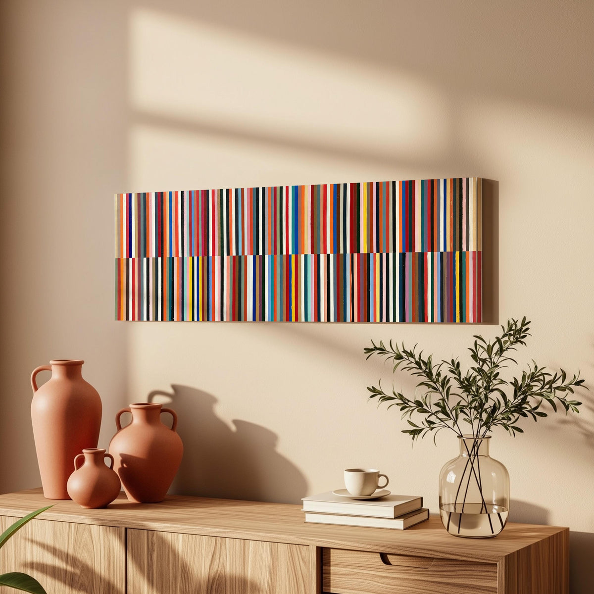 Two bands of colorful stripes long horizontal canvas print above a wooden sideboard