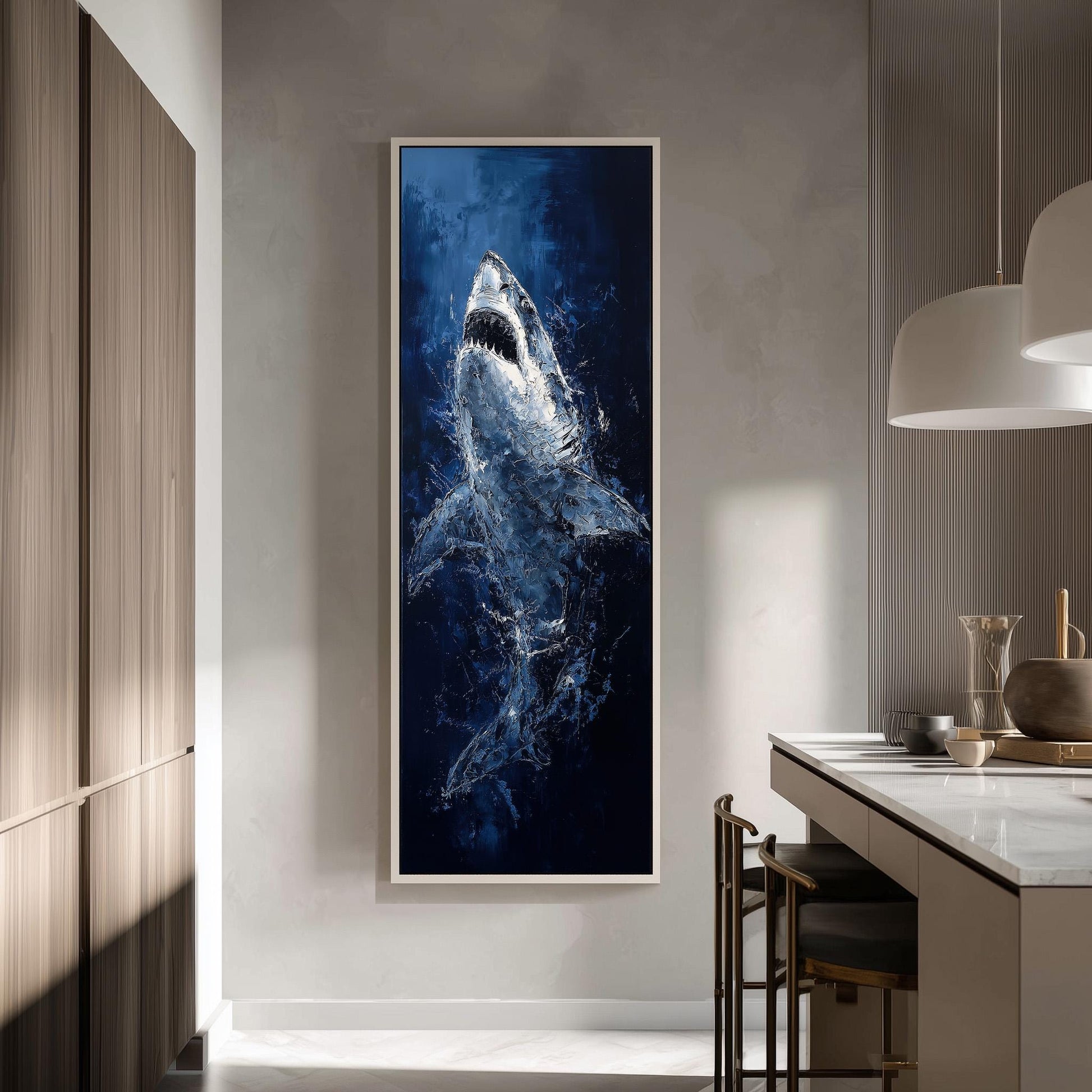 a large framed painting of a shark in the ocean, hanging on a wall in a modern kitchen.