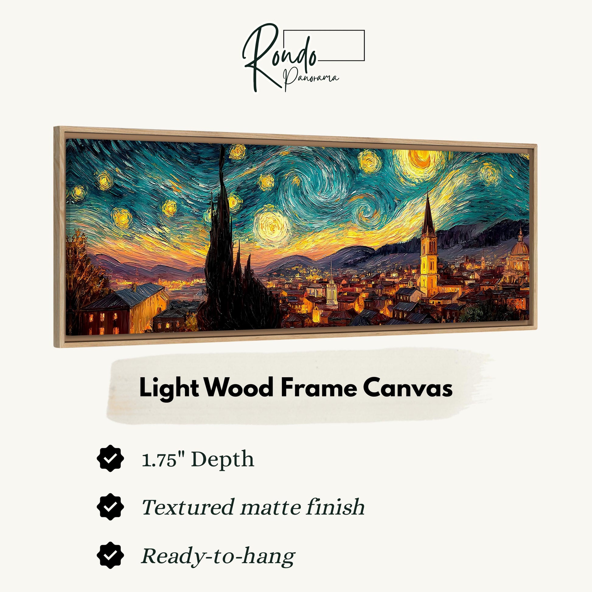 The image is a framed canvas depicting a night sky with stars and a cityscape.