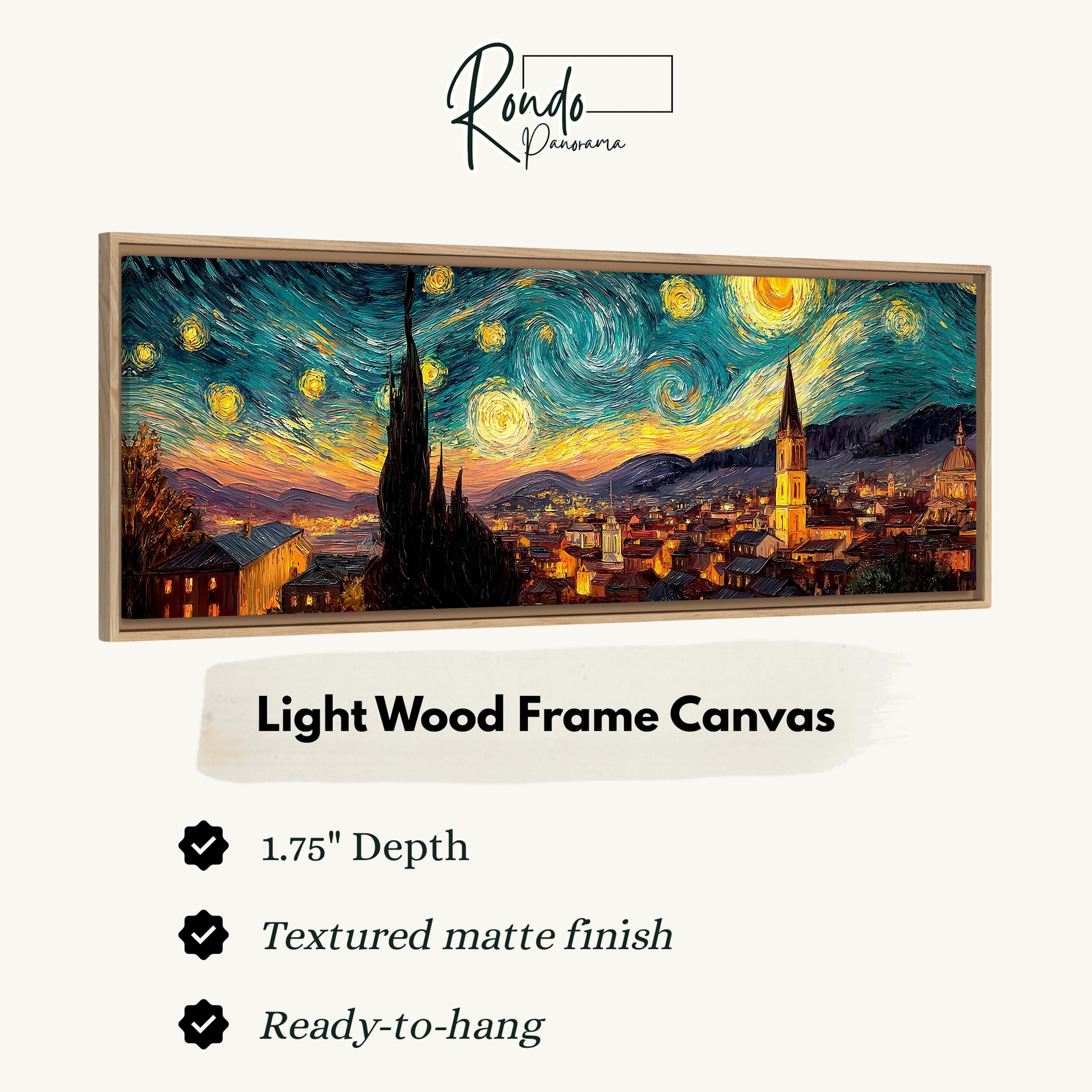 The image is a framed canvas depicting a night sky with stars and a cityscape.