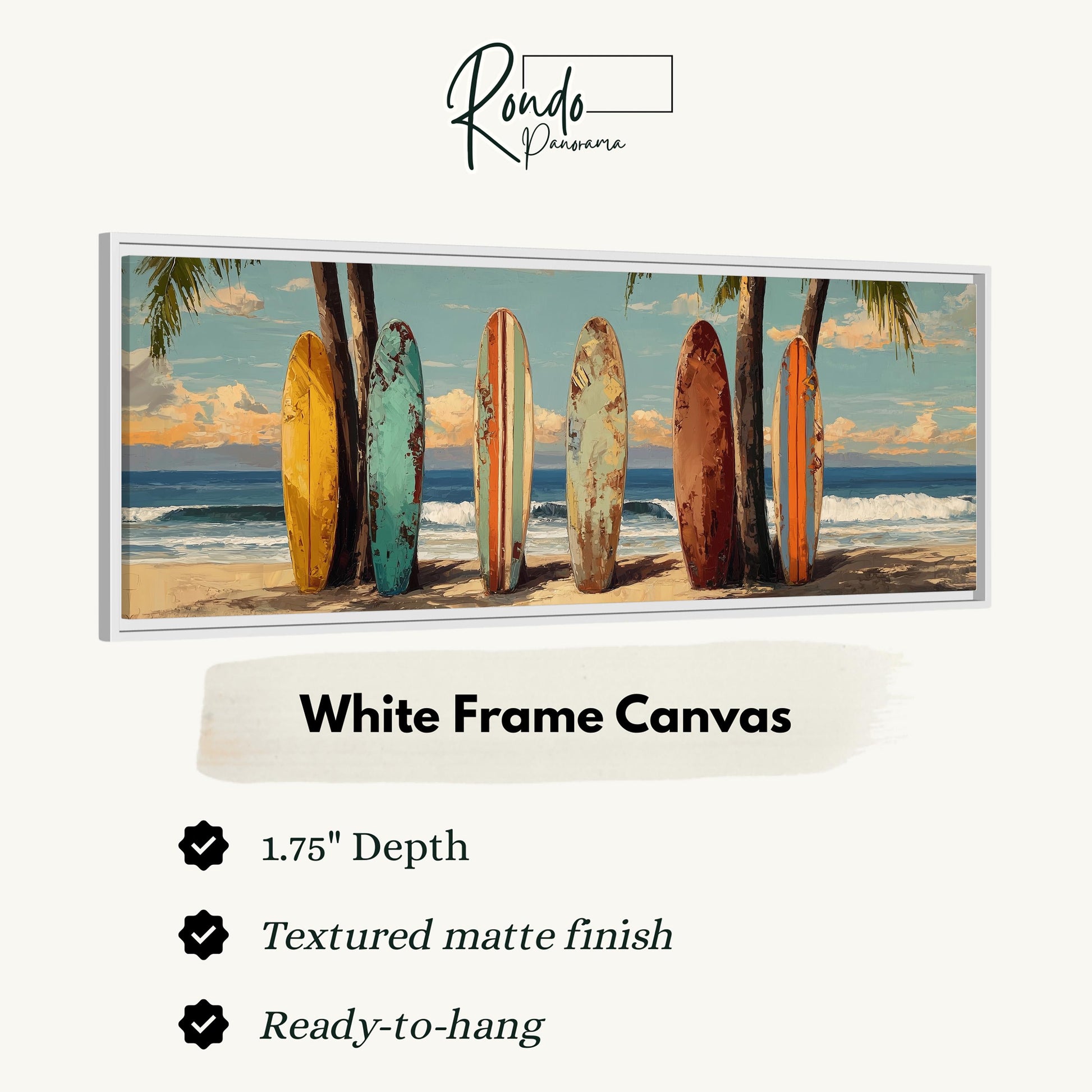 A framed artwork depicting a beach scene with a row of colorful surfboards leaning against palm trees.