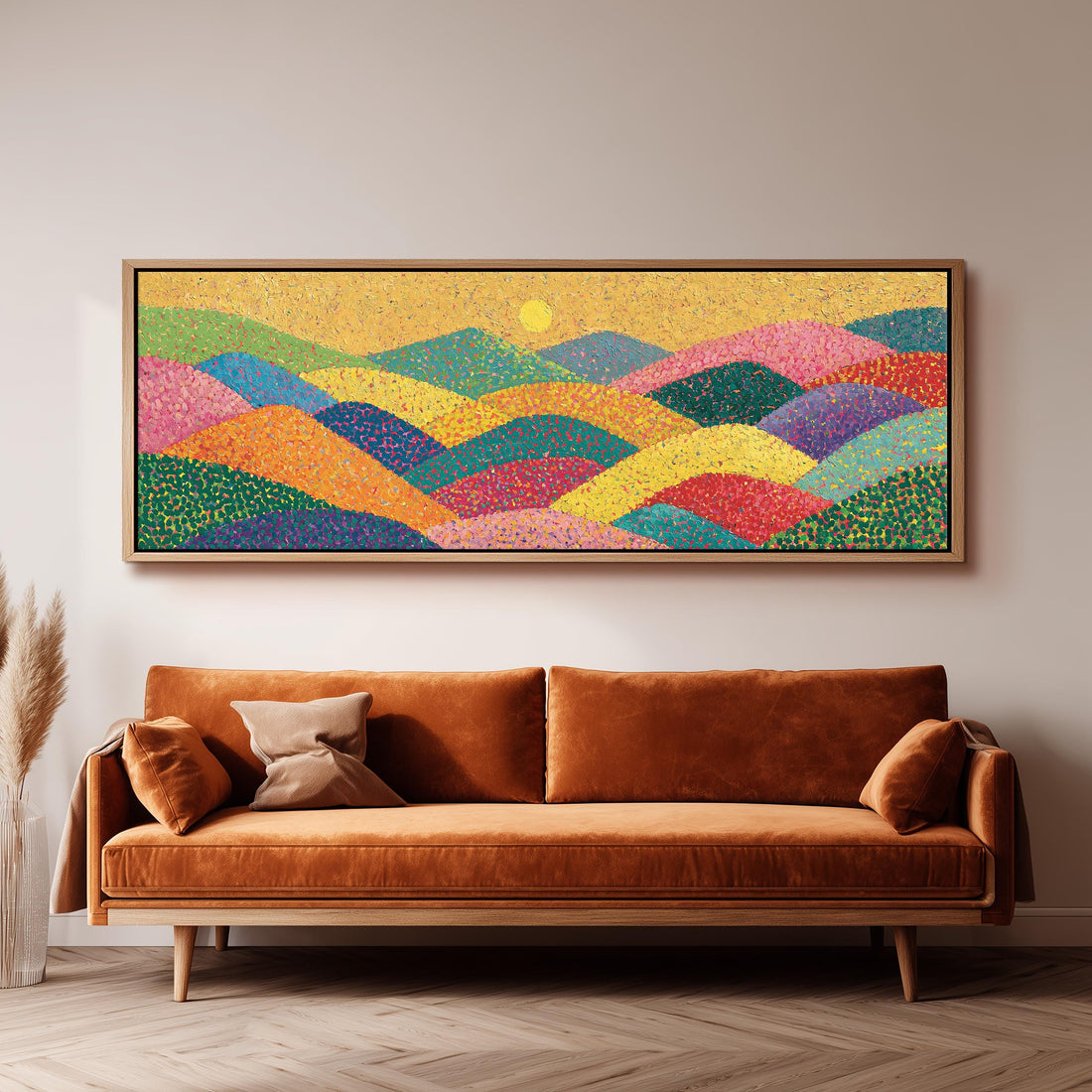 Colorful wave hills long horizontal canvas print above a sofa in a living room