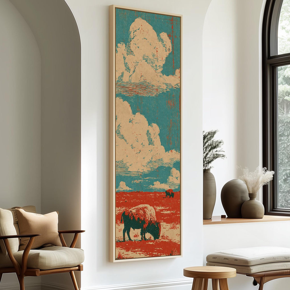 Bison on a red prairie under clouds tall skinny canvas print in a sunlit living space