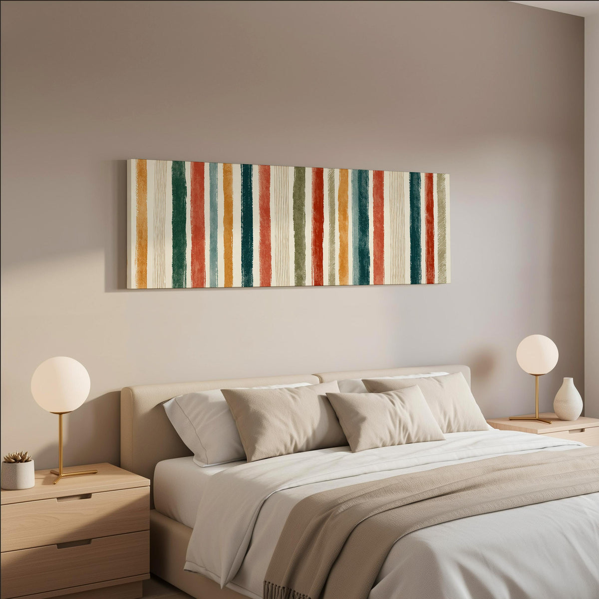Boho watercolor stripes in mustard, teal and rust wide panoramic canvas print above a bed in a neutral bedroom