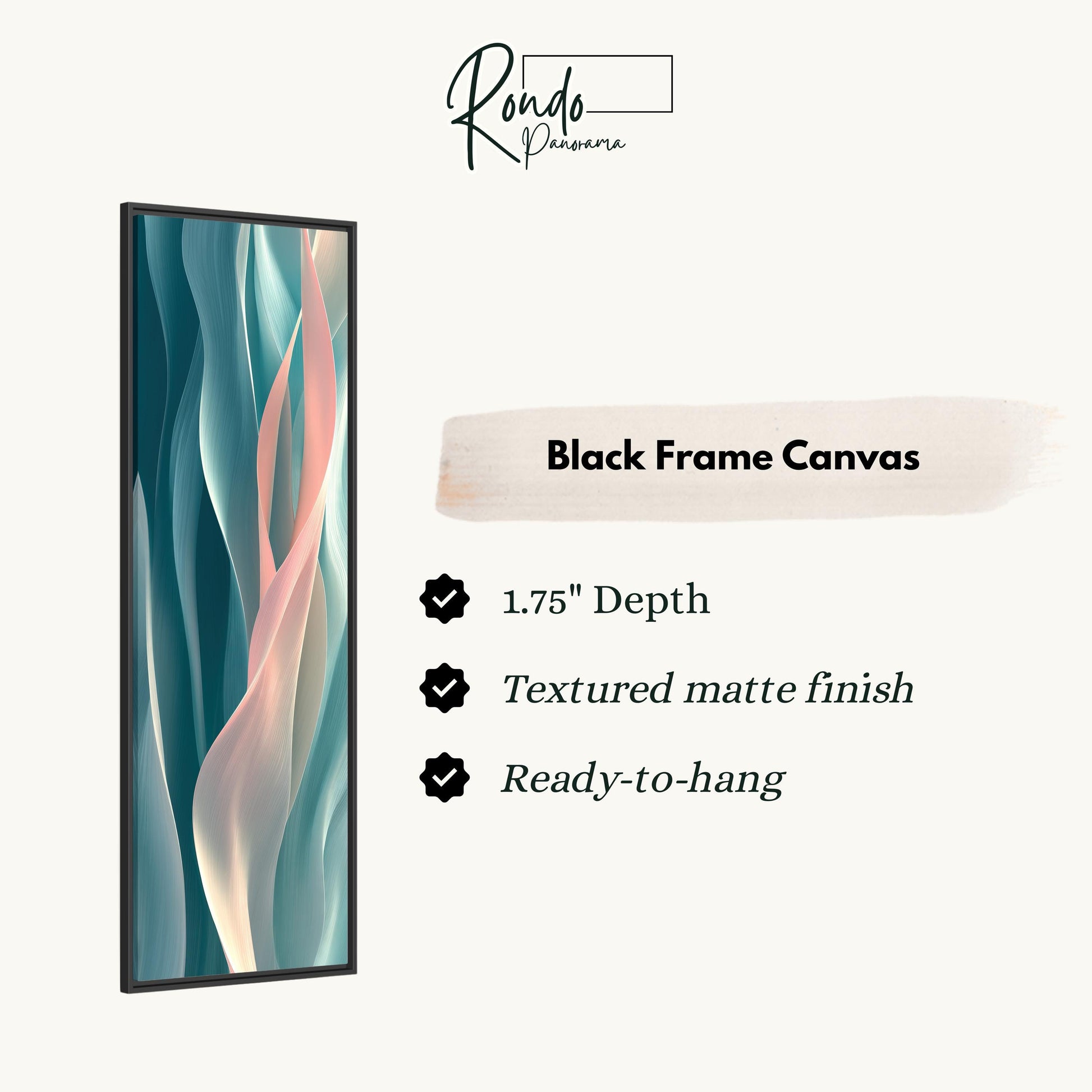 The image is a product description for a black frame canvas. It features a black frame with a textured matte finish and a 1.75" depth. The canvas is ready to hang.