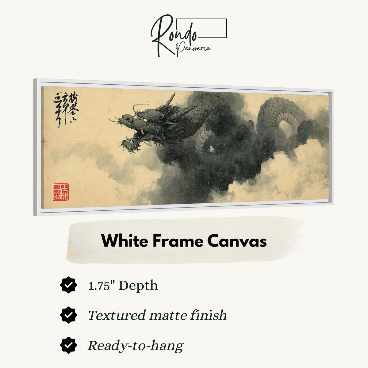 Ink dragon in the clouds canvas print in a white floating frame