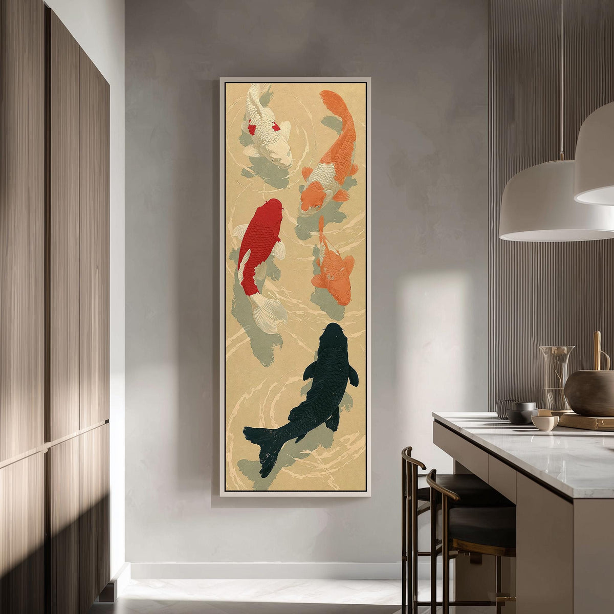 Koi fish pond tall skinny canvas print in a modern kitchen