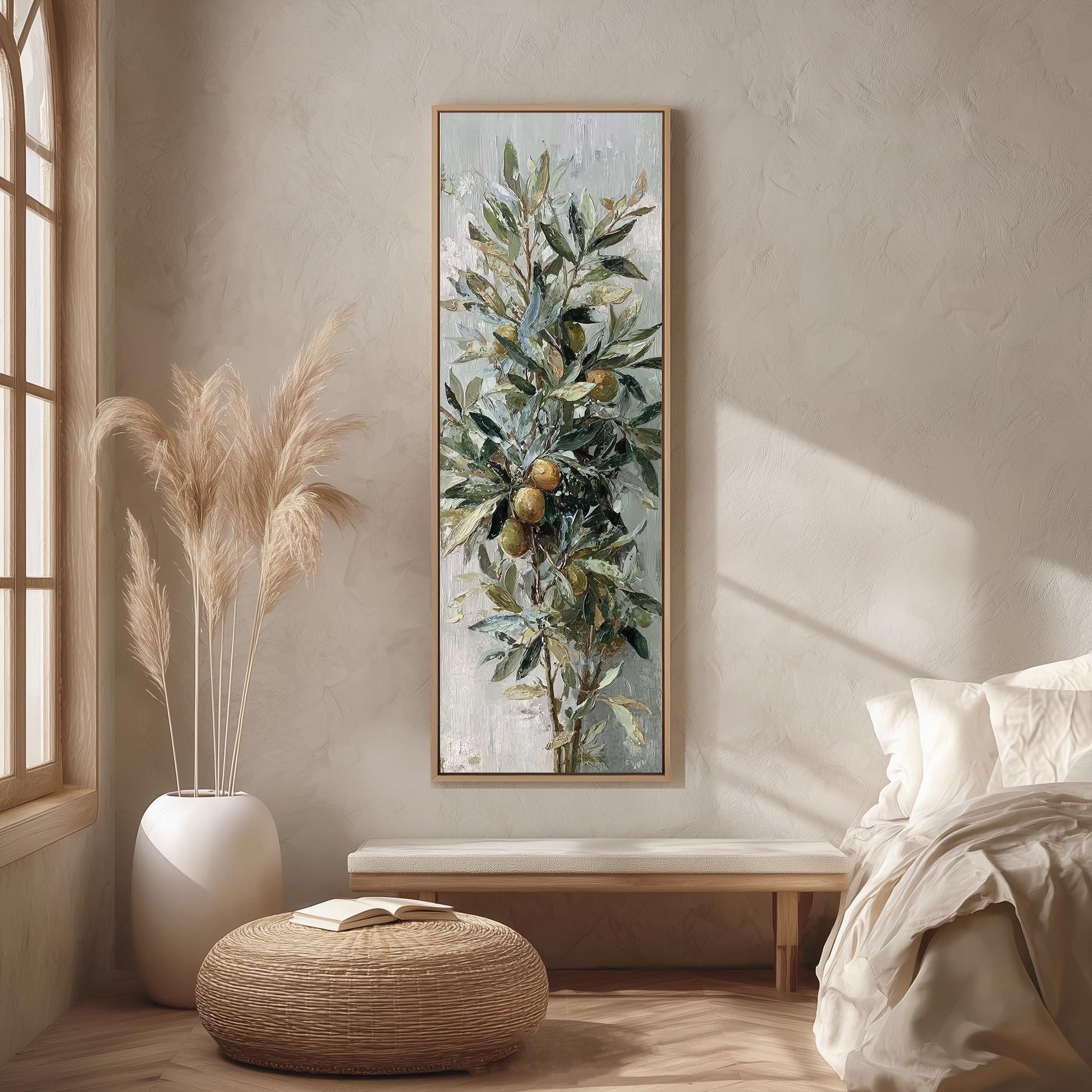 a serene and cozy bedroom scene, featuring a large painting of a tree with green leaves and orange fruits hanging on the wall, a white bed with a white pillow, a white vase with tall potted plants, and a woven ottoman in front of the bed.