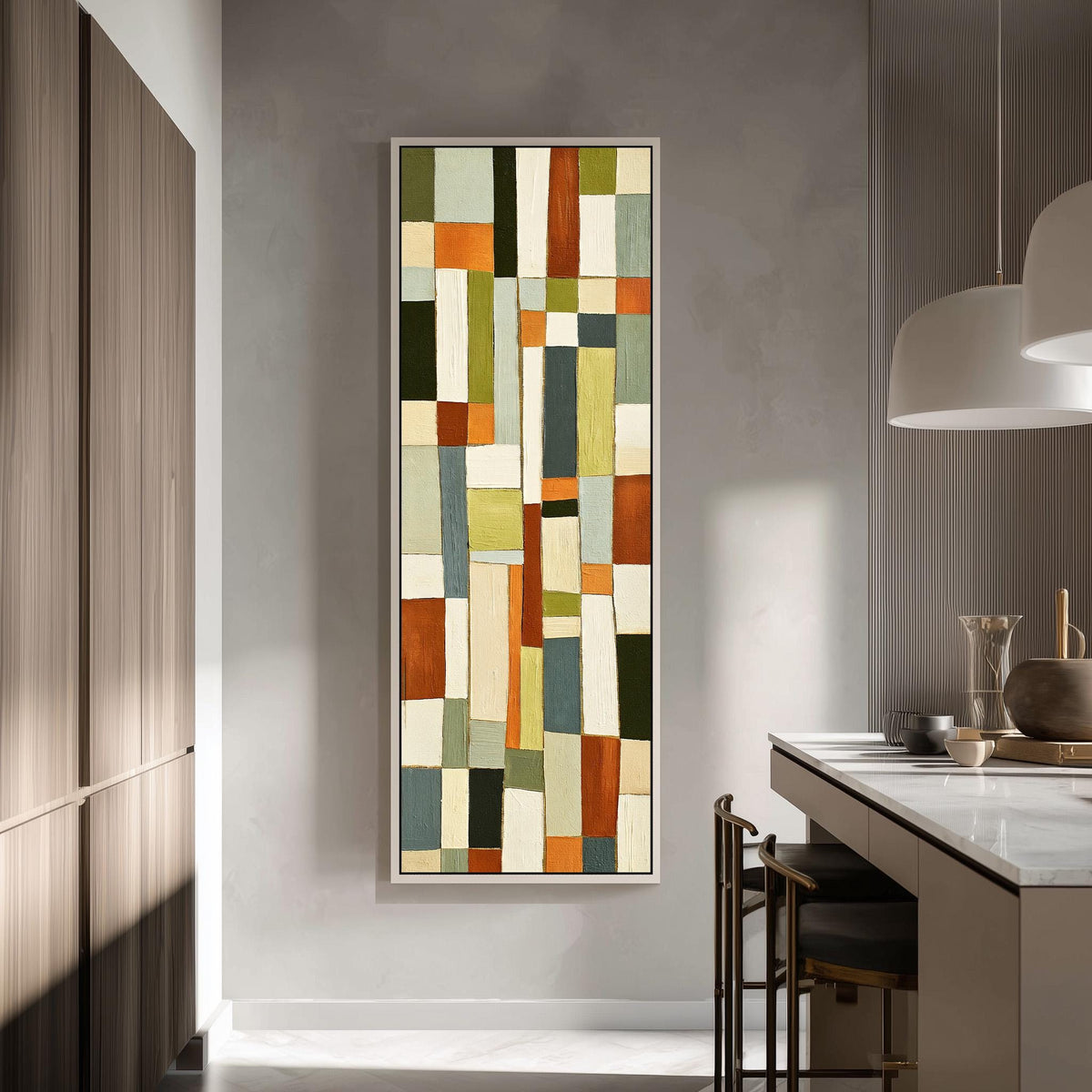 Muted sage, terracotta and cream block grid tall skinny canvas print in a modern kitchen