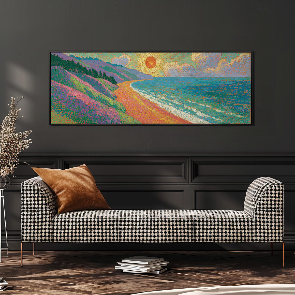 Coastal cliffs at sunset wide panoramic canvas print above a bench in a dark living room