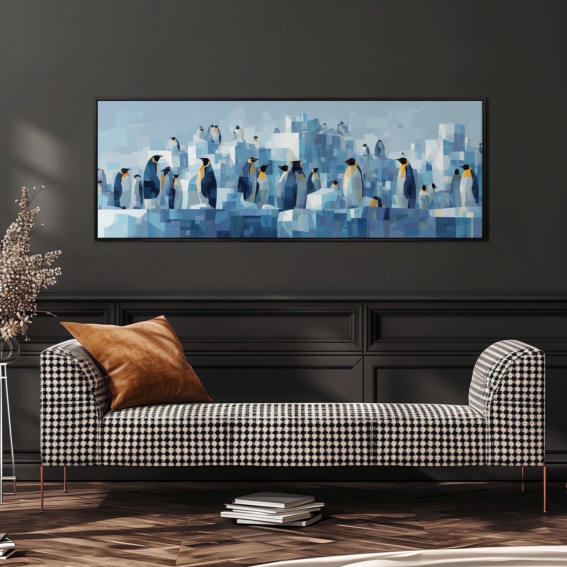 a cozy living room with a black and white checkered sofa, a stack of books, and a large abstract painting of penguins on the wall.