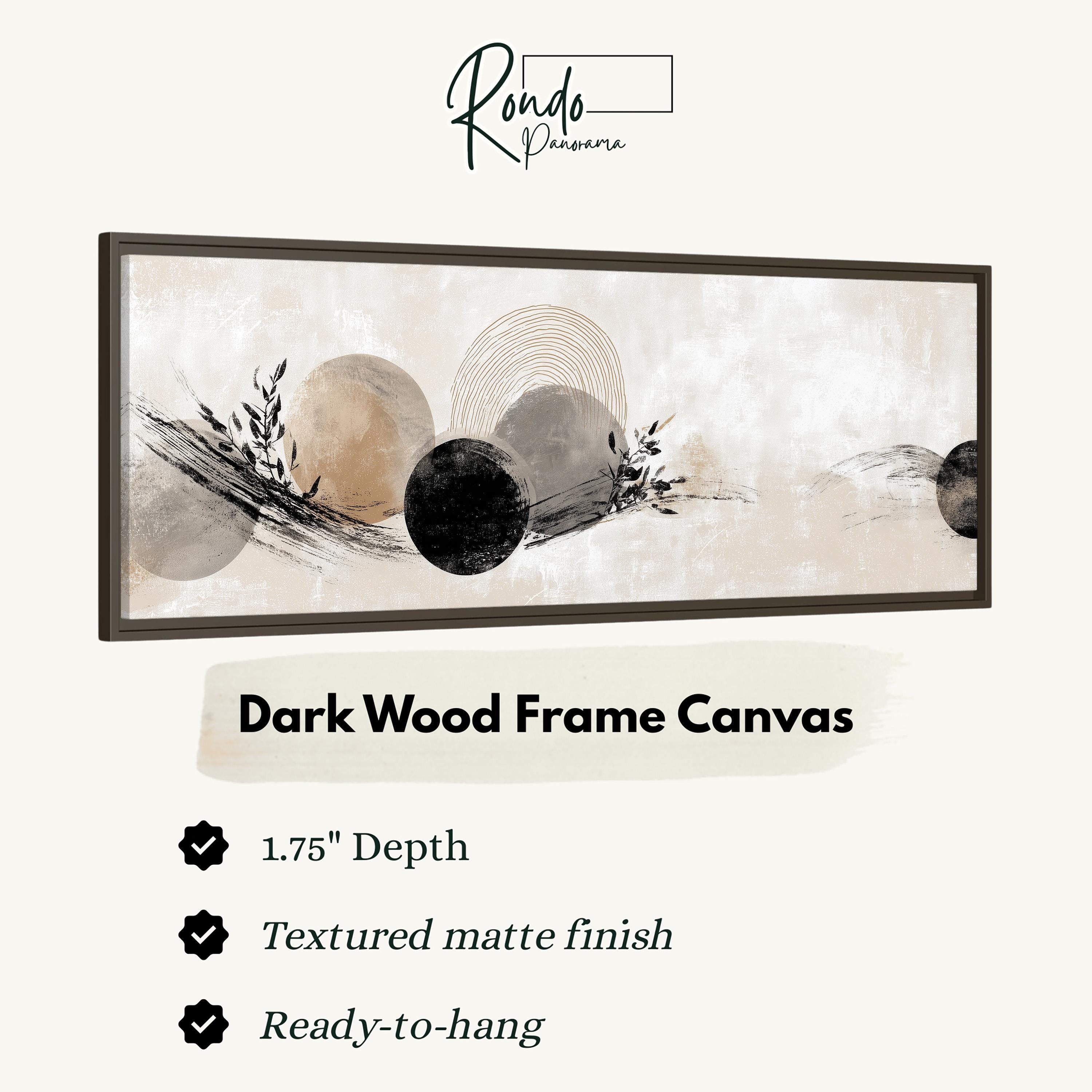 The image is a product advertisement for a dark wood frame canvas. It features a close-up of the canvas with a textured matte finish and a 1.75" depth. The canvas is described as textured matte finish and ready-to-hang.