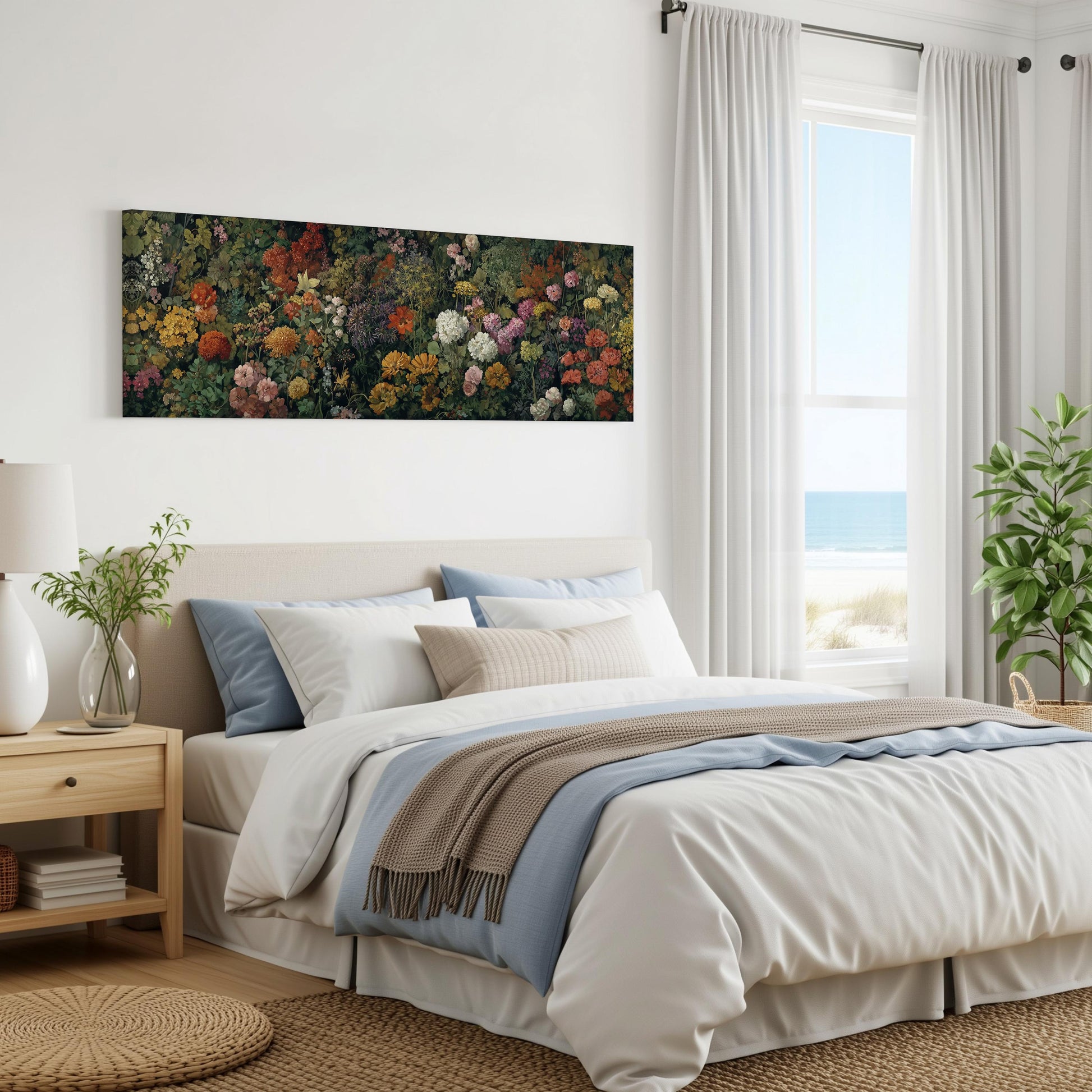 a serene bedroom with a large bed, a nightstand, and a painting of a colorful garden on the wall. The room has a calming and peaceful atmosphere, with natural light coming in through the window and a view of the ocean.