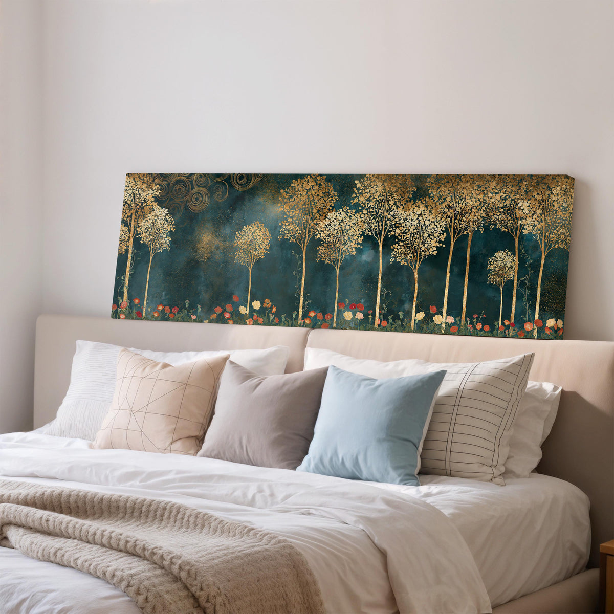 Gold leaf trees above red poppies on teal wide panoramic canvas print above a bed in a bedroom