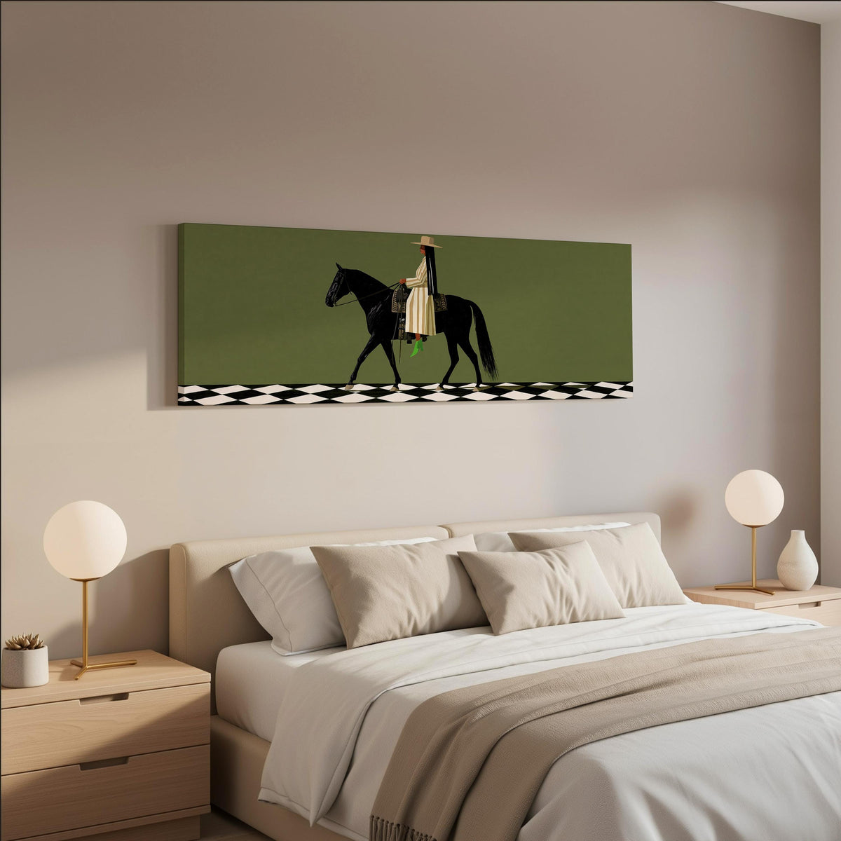 Woman riding a black horse on a checkerboard wide panoramic canvas print above a bed in a neutral bedroom