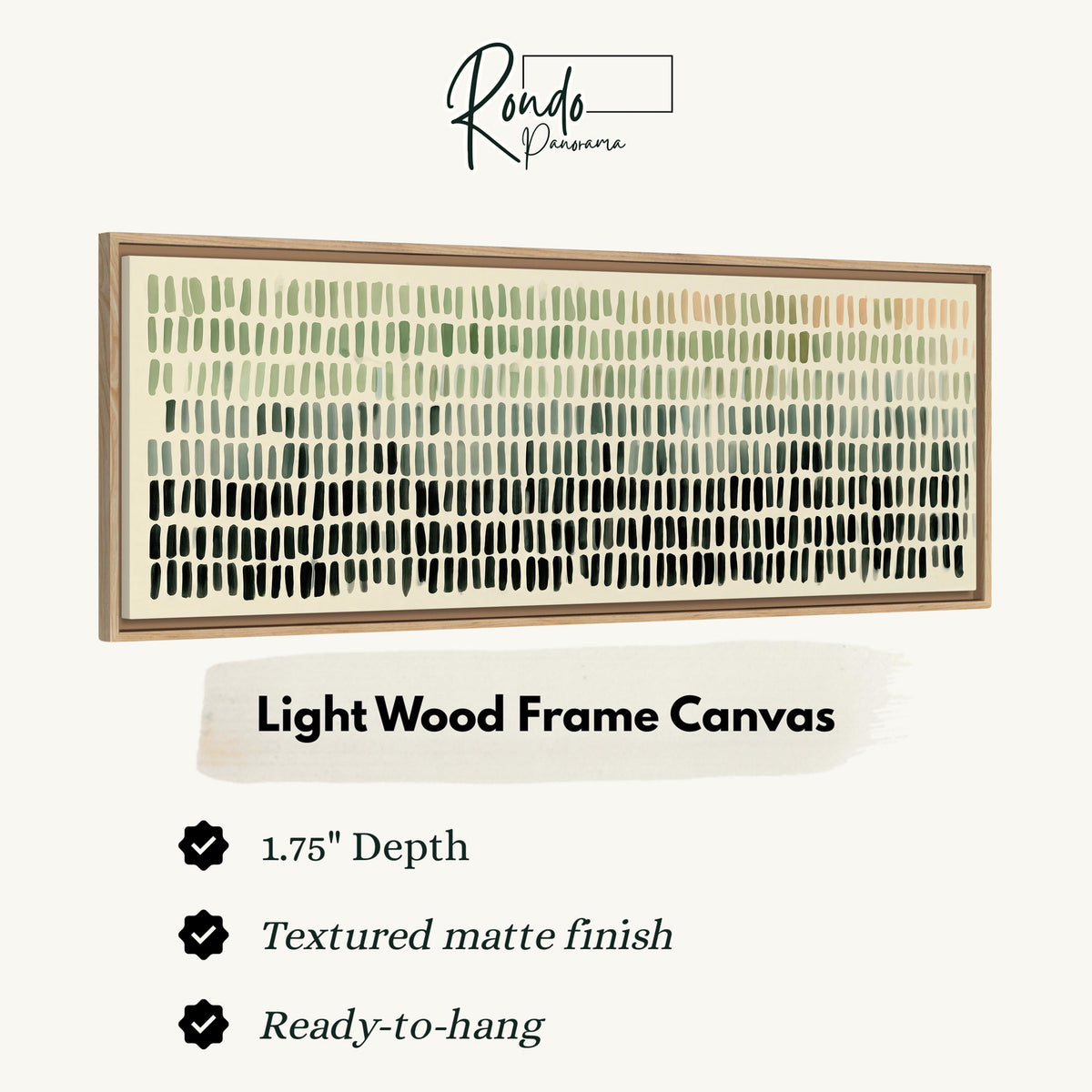 Brushmark dashes fading from sage to charcoal canvas print in a light wood floating frame