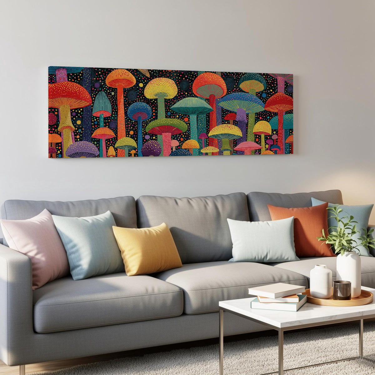 Colorful dotted mushrooms at midnight panoramic canvas print above a grey sofa in a living room